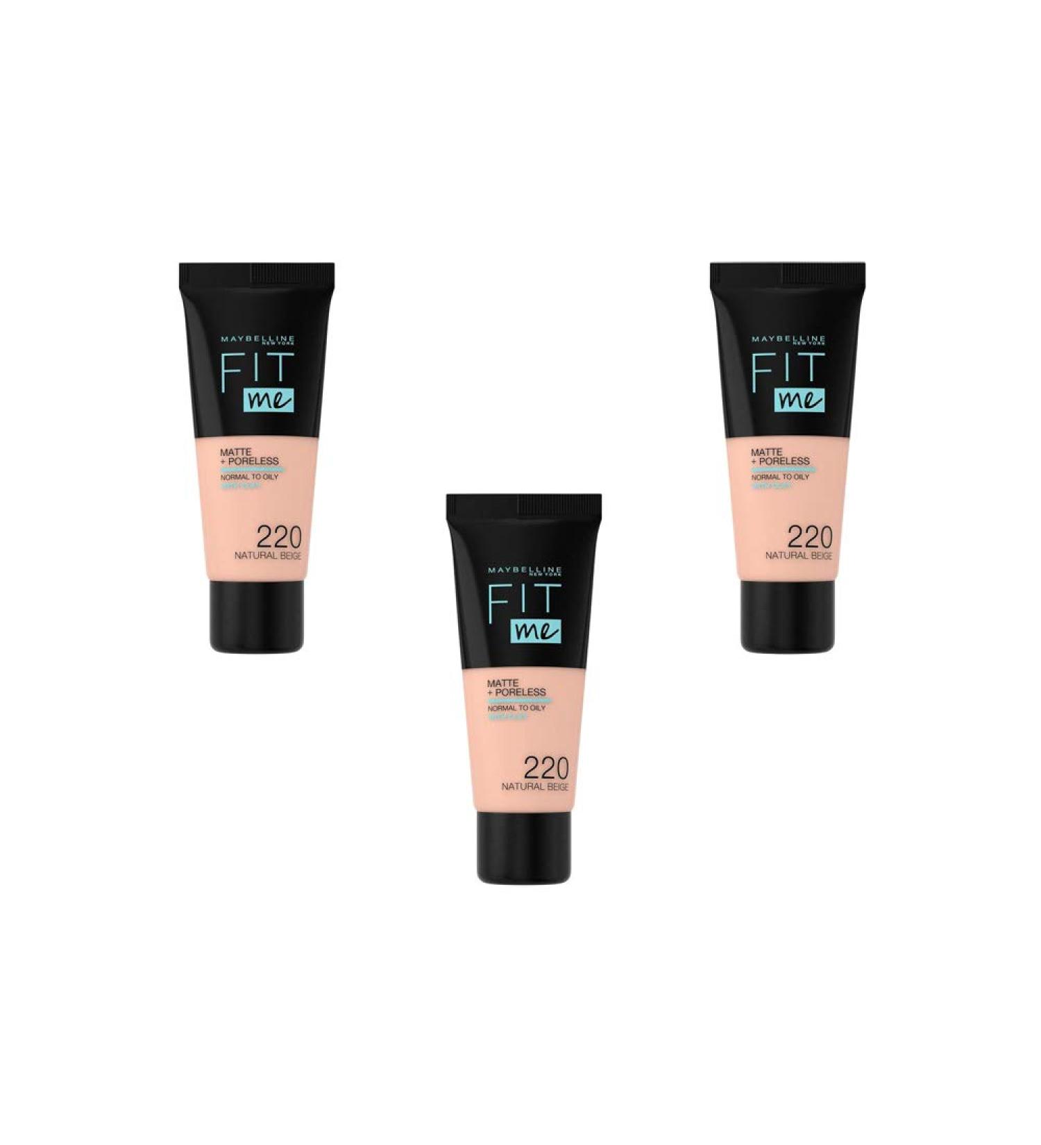 Maybelline New York Fit Me Matte & Poreless Fluid Foundation - 220 Natural Beige Pack of 3 (3 x 30 ml) - Buy Online on GoSupps.com