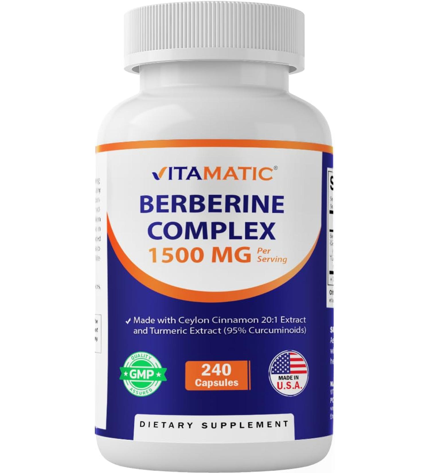 Vitamatic Berberine with Ceylon Cinnamon, 1500mg, 240 Vegetarian Capsules, Non-GMO, Gluten Free - Buy Online on GoSupps.com