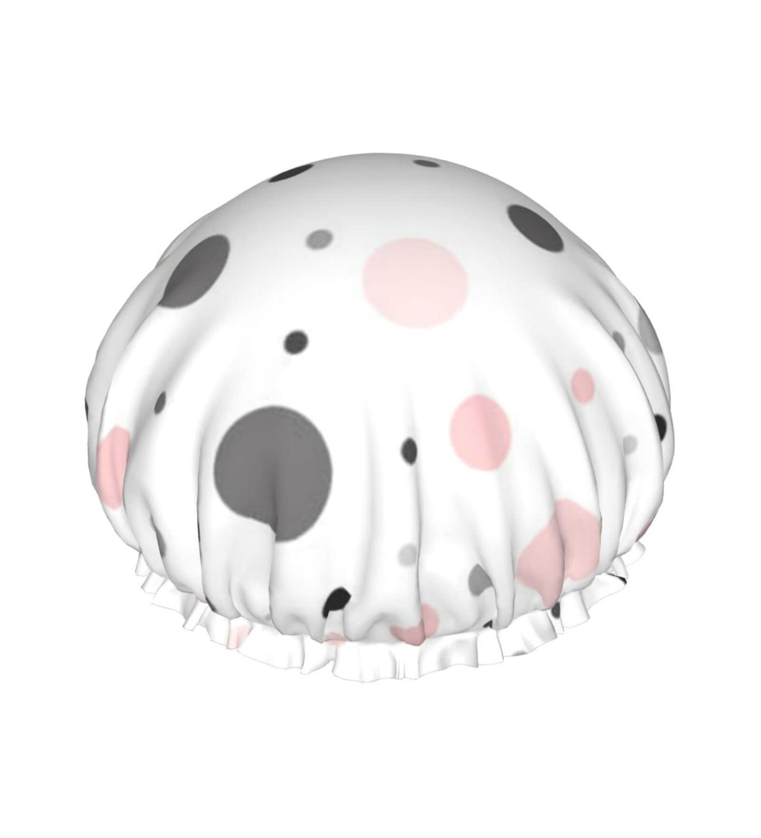 Pink Gray White Polka Dot Pattern Shower Cap for Women - Quick Drying & Water Repellent Hair Bath Cap - Buy Online on GoSupps.com