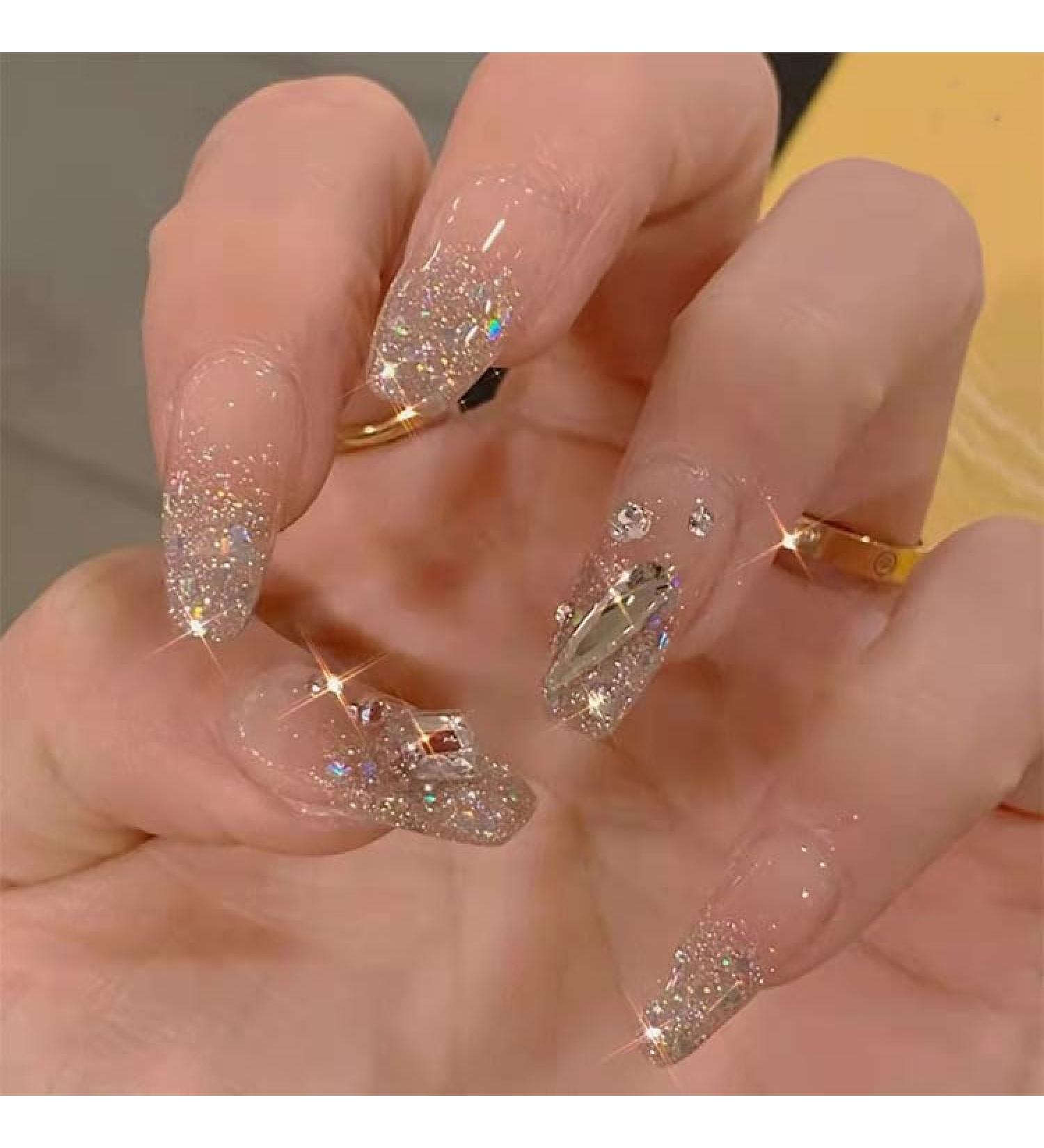 24Pcs/Set Press On Nails Medium Length Diamond Glitter Powder False Nails Acrylic Fake Nails Full Cover Nails Tips Artificial Finger Manicure Press on nails for Women and Girls - Buy Online on GoSupps.com