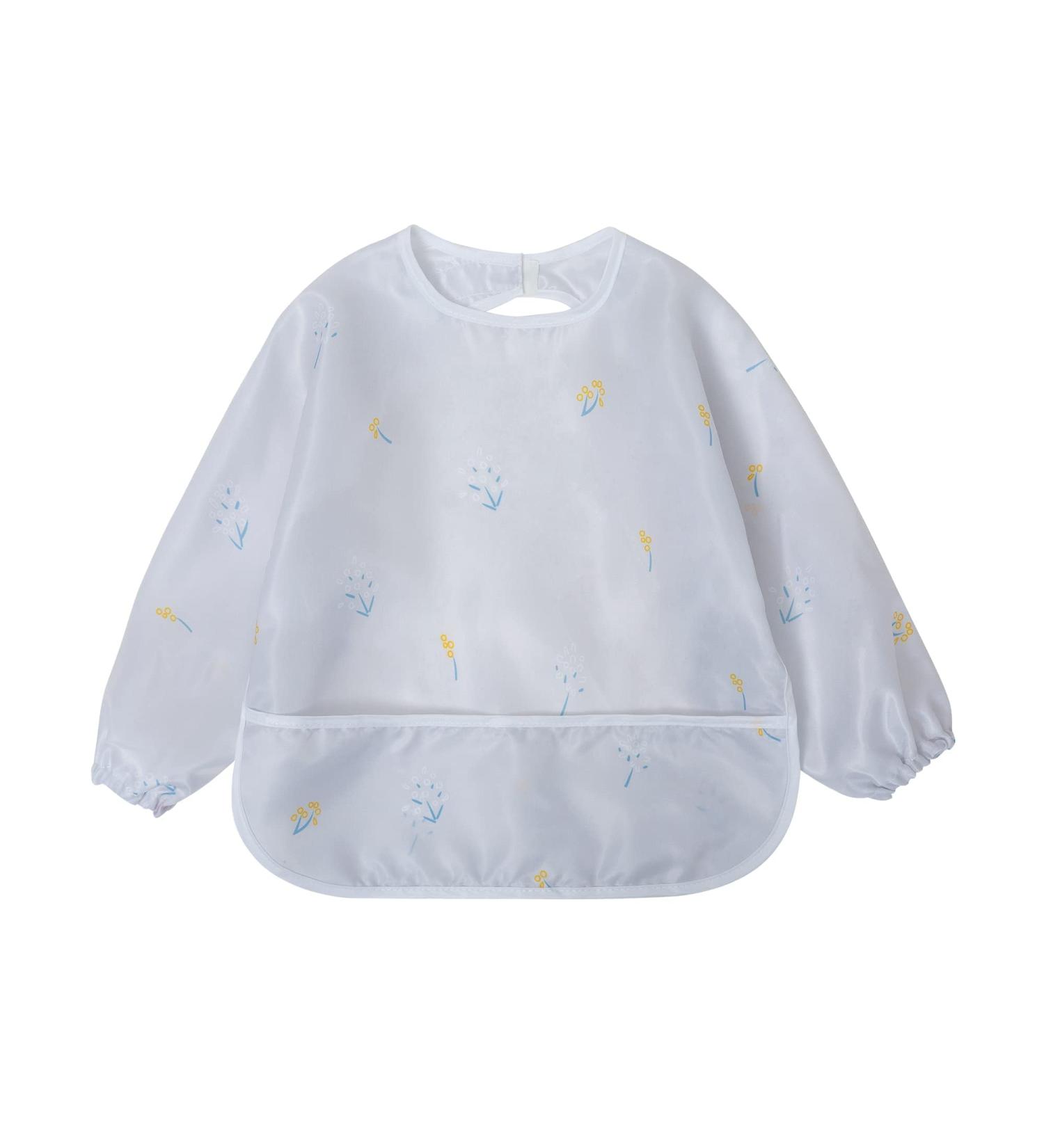 Waterproof Long Sleeved Baby Bib with Large Food Pocket - Greyflower Design - Buy Online on GoSupps.com