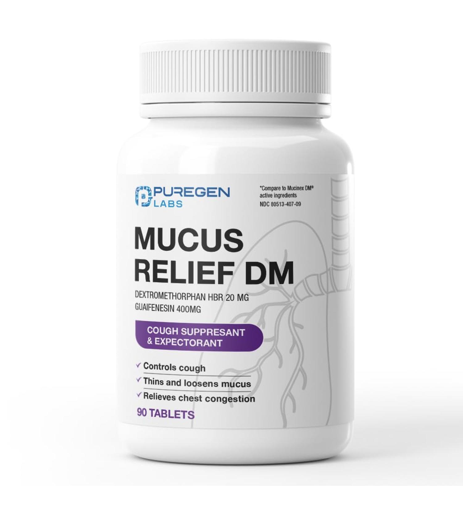 Puregen Labs Mucus Relief DM | Dextromethorphan HBr 20mg | Guaifenesin 400mg | Cough Immediate Release Uncoated Cough & Mucus Expectorant Pill 90 Tablets 1 - Buy Online on GoSupps.com