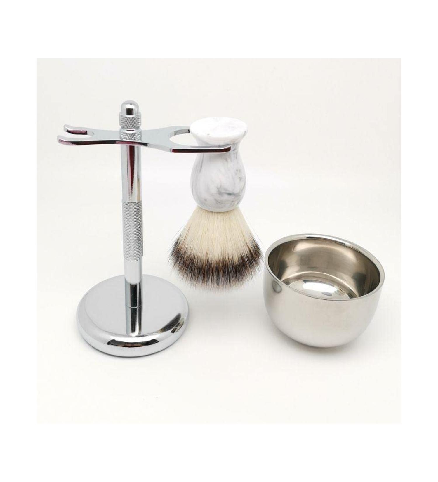 NSNT Exquisit Men's Shaving Brush Set - Synthetic Bristle with Bowl Holder | Perfect Safety Shaving Cream Tool - 2.9x6 inches Silver - Buy Online on GoSupps.com