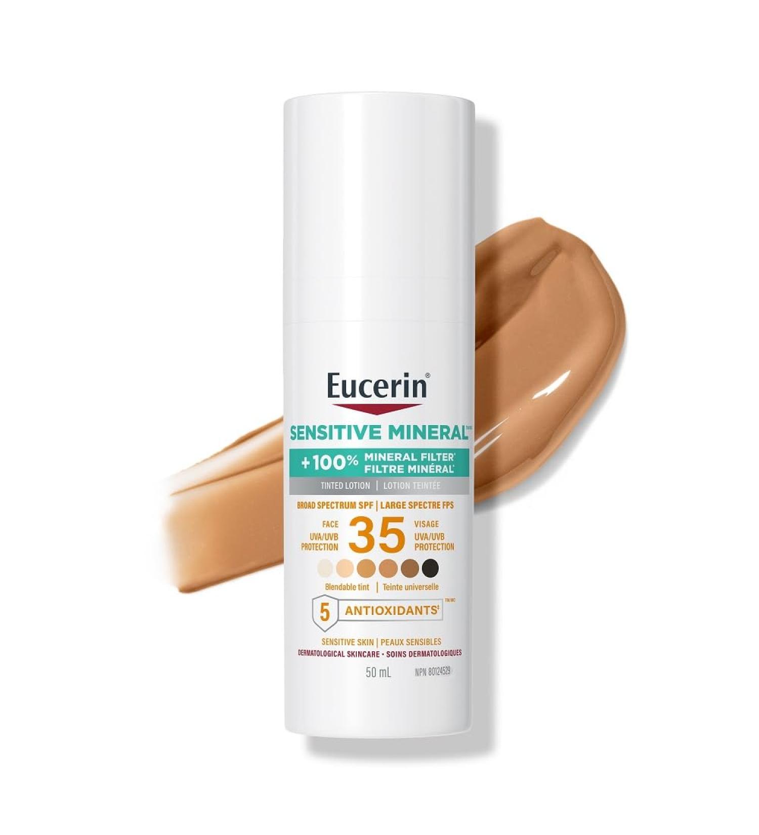 Eucerin Sun Tinted Mineral Face Sunscreen Lotion SPF 35 | Blendable Tinted Mineral Sunscreen for all skin tones with Zinc Oxide and 5 Antioxidants | Daily Sunscreen | 50 mL pump - Buy Online on GoSupps.com