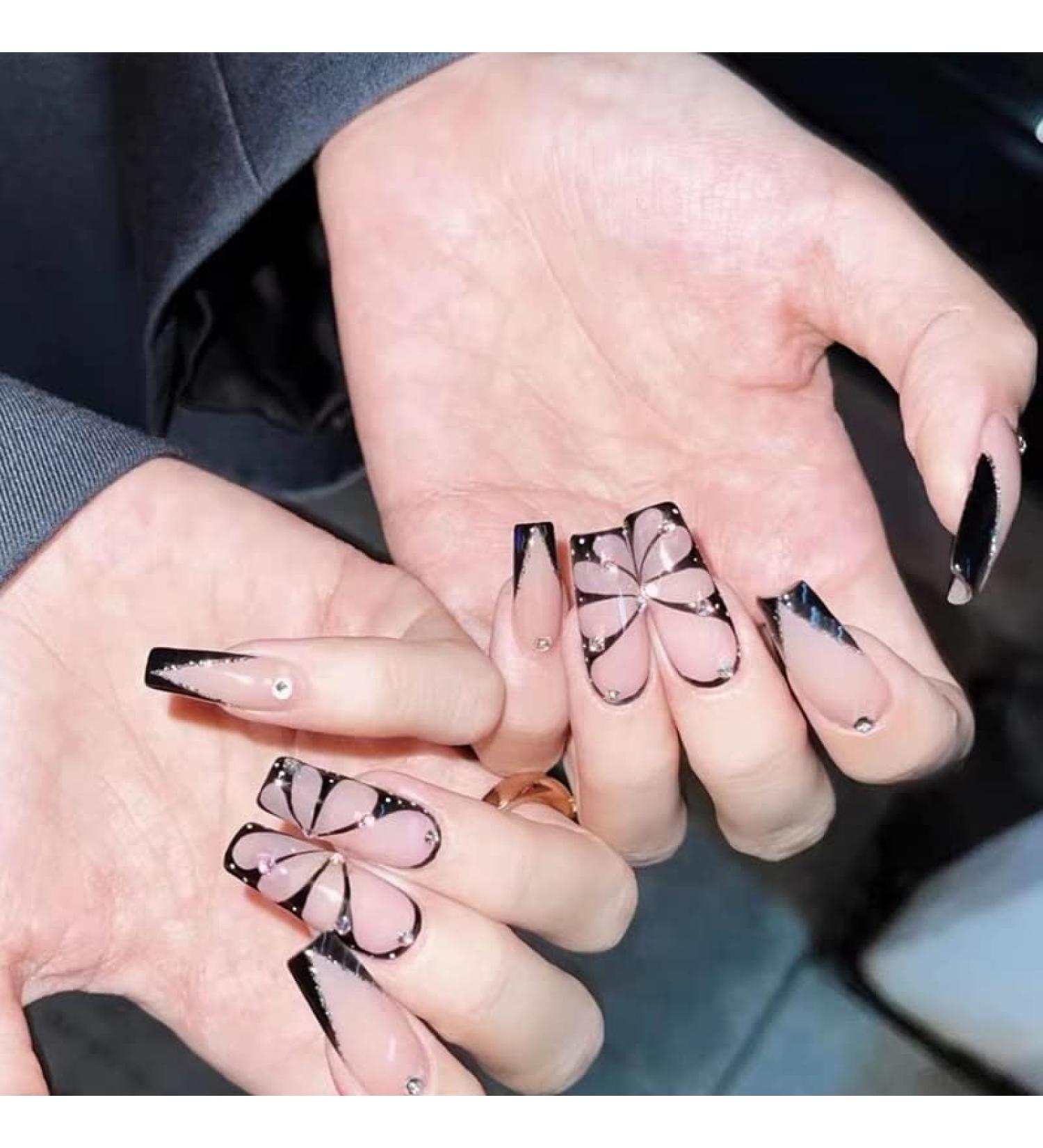 Justotry 24 Pcs Butterfly False Nails Long with Jewels | Black French Press On Nails | Ballerina Stick On Nails | Acrylic Coffin Fake Nails Medium | Nail Art Glue | Black & Butterfly Design - Buy Online on GoSupps.com