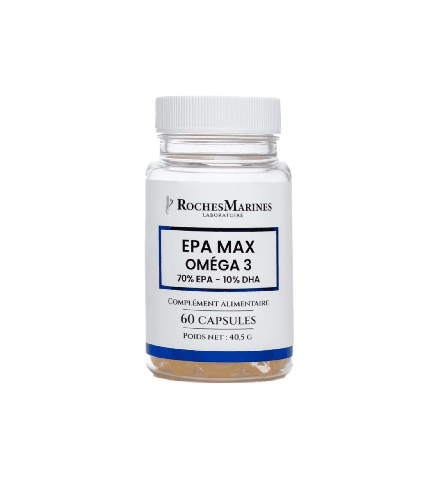 Roches Marines - EPA Max Omega 3 Dietary Supplement - 70% EPA - 10% DHA - Rich in Omega 3 EPA - Good Brain and Heart Function - Good Vision - 60 Capsules - Developed in France - Buy Online on GoSupps.com