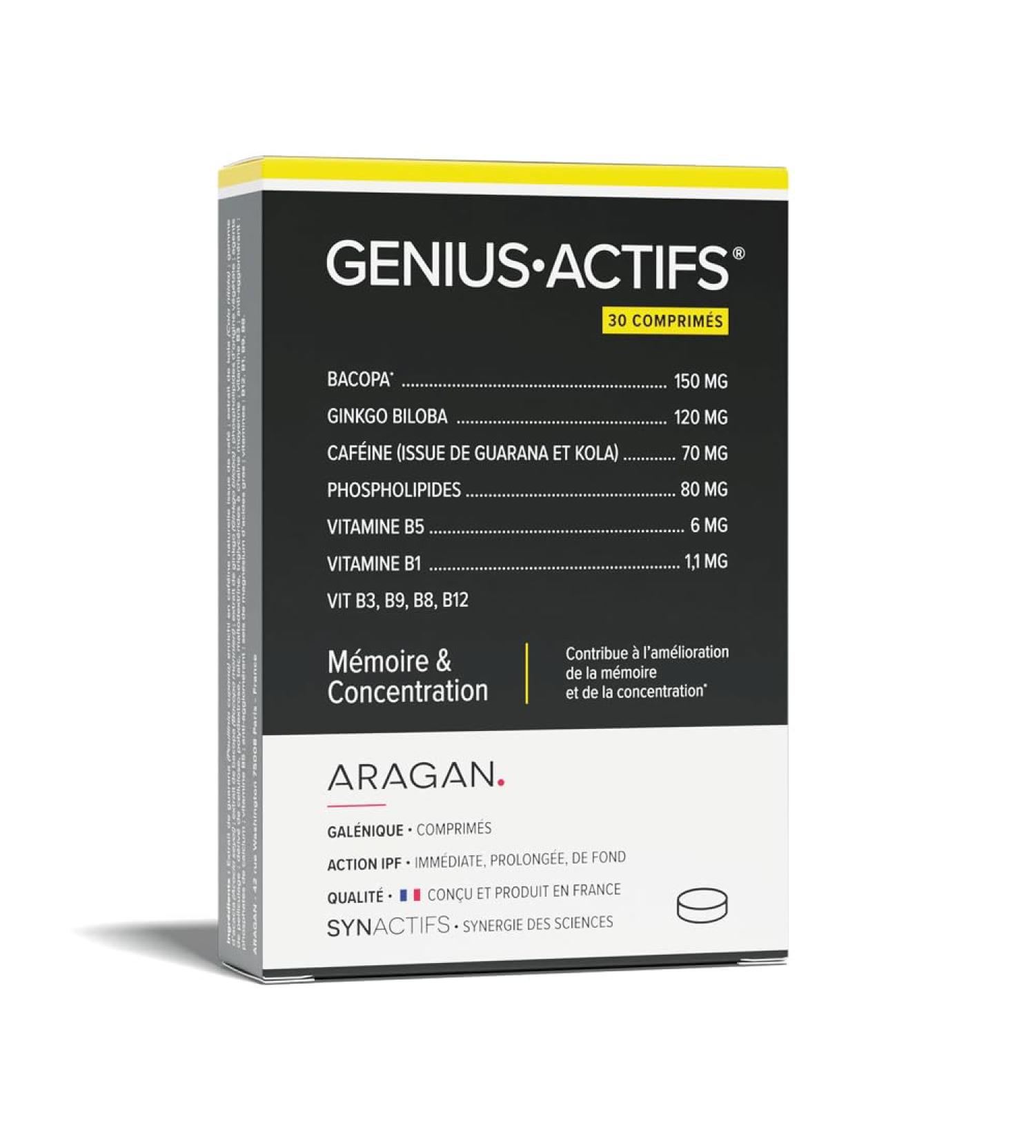 ARAGAN - Geniusactif - Memory and Concentration - Ginkgo Biloba Vitamins Bacopa Caffeine Guarana and Vitamins - 30 tablets - 15 days taken - Made in France - Buy Online on GoSupps.com