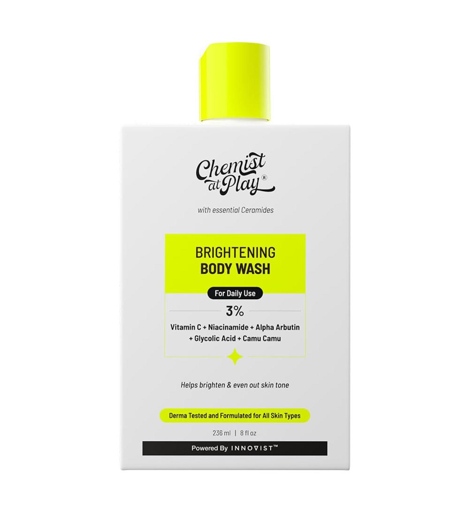 Chemist at Play Brightening Body Wash | Glowing Skin Vitamin C Bodywash | Helps to Reduce Fades Dark Spots Evens out Skin Tone | Alpha Arbutin | 30X Vitamin C with Camu Camu | For Women & Men | 236ml - Buy Online on GoSupps.com
