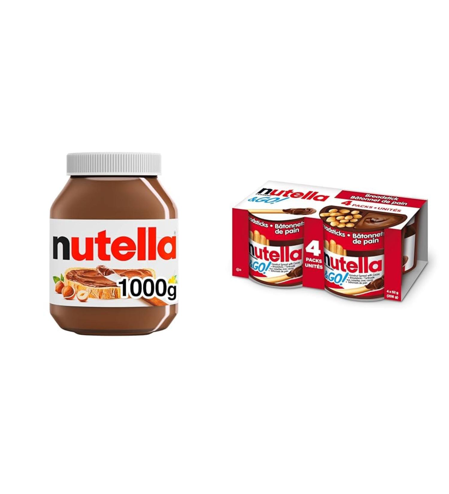 NUTELLA Hazelnut Spread with Cocoa for Breakfast Bulk 1 Kilogram Jar & NUTELLA & GO! Hazelnut And Cocoa Spread With Breadsticks Snack Packs Perfect Bulk Snacks for Kids 52 Grams Pack of 4