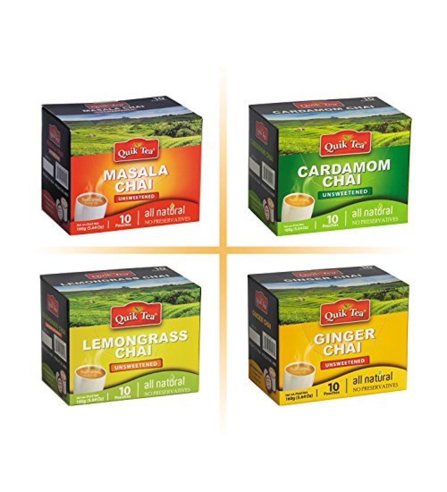 QuikTea 4 Flavors Unsweetened Variety Pack, Cardamom/Masala/Ginger/Lemongrass, 40 Oz