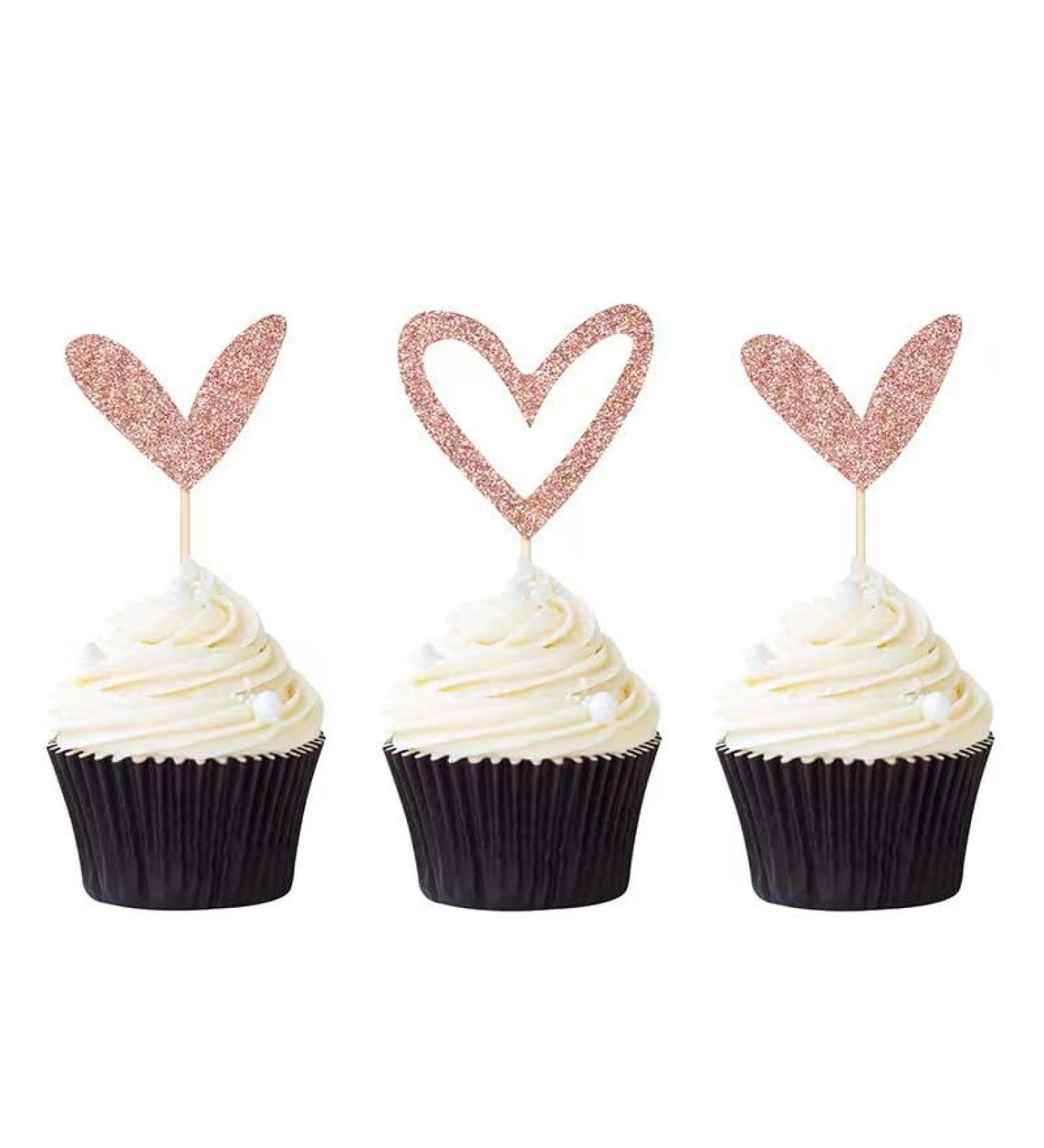 24 PCS Rose Gold Glitter Heart Cupcake Toppers Sweet Love Theme Cupcake Picks Valentine's Day Cupcake Decorations for Wedding Engagement Bridal Shower Birthday