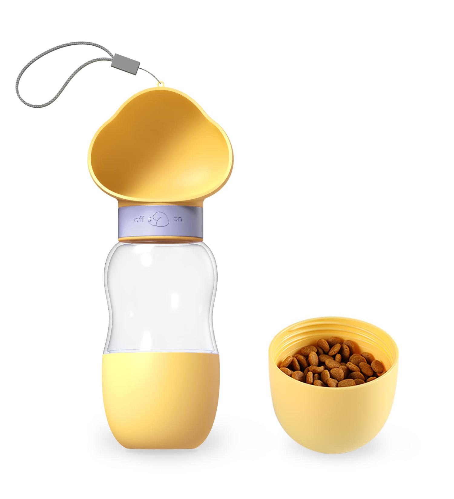 Meren 2-in-1 Portable Dog Water Bottle 19oz Yellow - Leak Proof Dispenser with Food Container for Walking, Hiking, and Travel - Buy Online on GoSupps.com