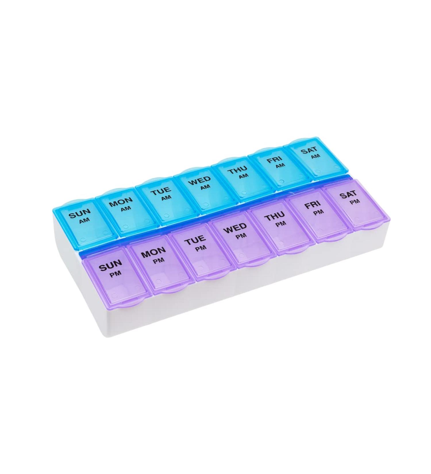 EZY DOSE Weekly Pill Organizer & Planner - Contoured Bottom for Easy Pill Removal, Large Blue/Purple AM/PM - 1 Count - Buy Online on GoSupps.com
