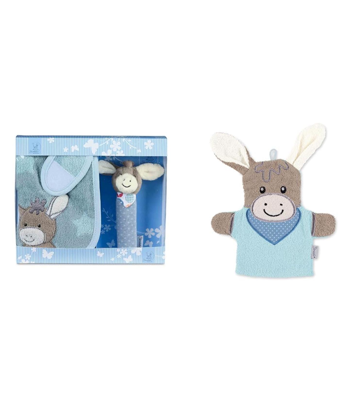 Sterntaler Emmi Gift Set - Velcro Gripping Figure & Play-Wash Glove Donkey | 0+ Months | Light Blue Multi-Colored Bundle - Buy Online on GoSupps.com