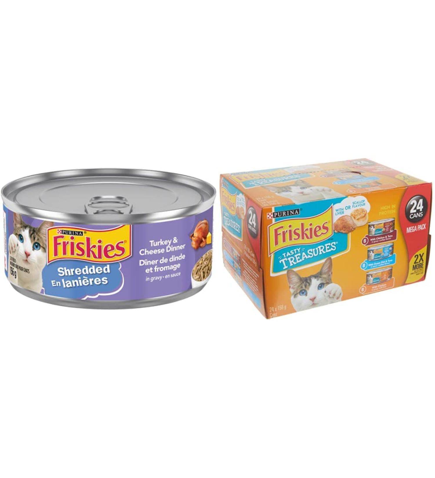 Friskies Shredded Turkey & Cheese Dinner Wet Cat Food (156g 24 pack) + Purina Friskies Tasty Treasures with Cheese Cat Food Variety Pack (24-156g) - Buy Online on GoSupps.com