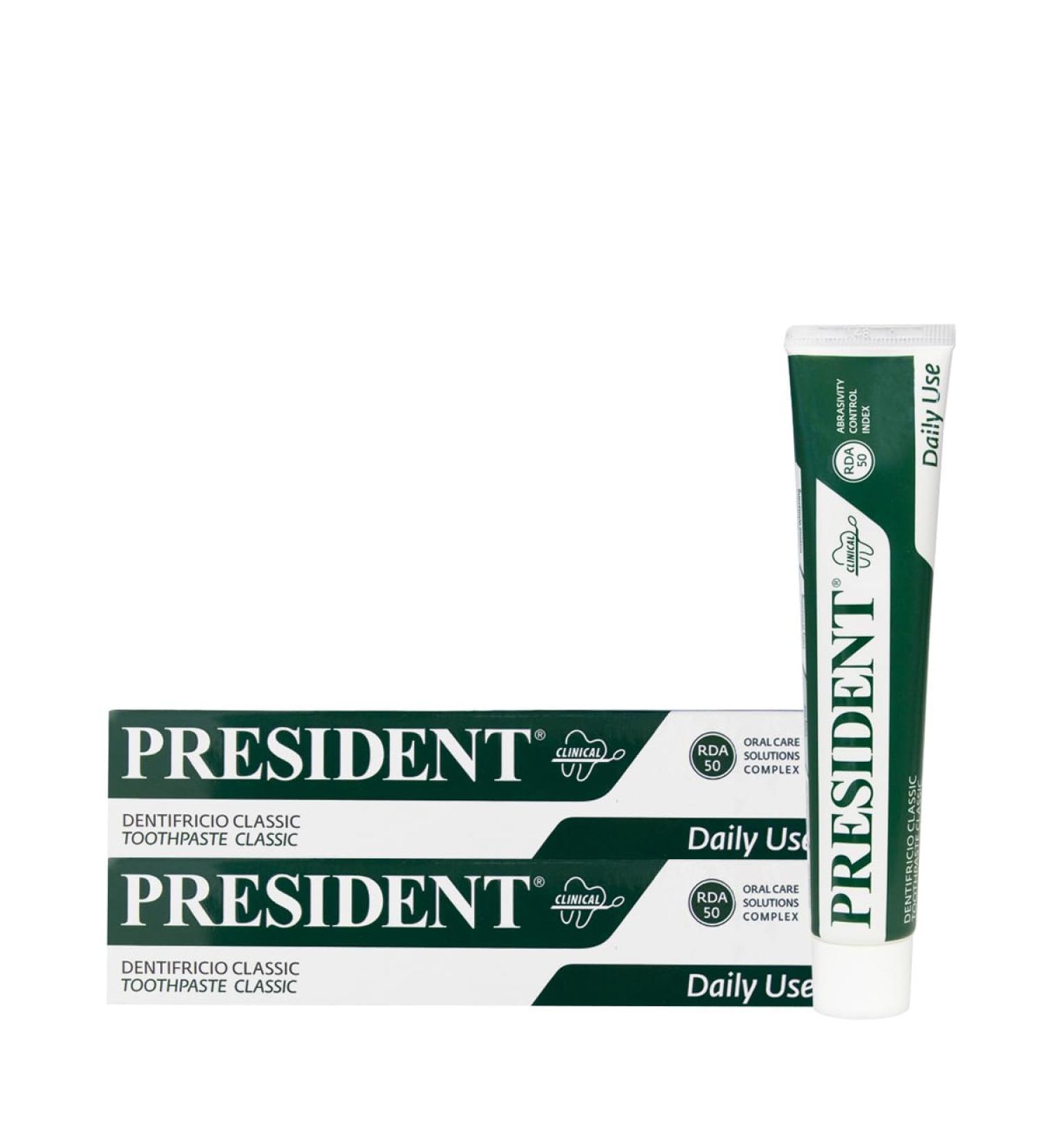 President Set with 2 toothbrush classic for everyday use.Anti-plaque caries refreshing anti-halitosis.With vegetable extracts from Melissa sage chamomile.RDA 50. 2 x 75 ml
