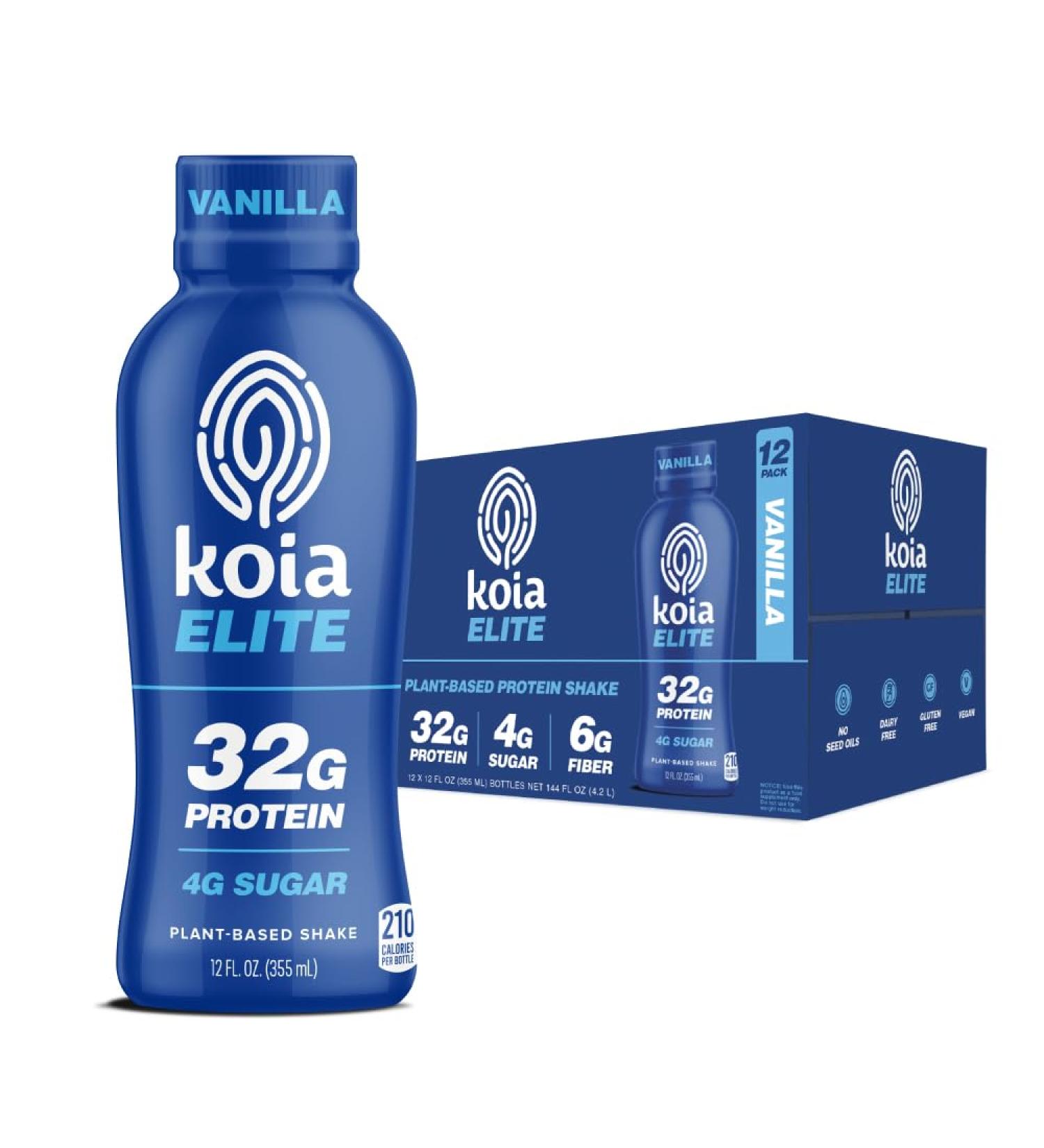 Koia Elite Plant Based Protein Shake, Vanilla, 32g Protein, 4g Sugar, 6g Prebiotic Fiber, Pre & Post Workout Nutritional Drink, No Seed Oils, Dairy-Free, Gluten-Free, Non-GMO, 12 Fl Oz (Pack of 12) - Buy Online on GoSupps.com
