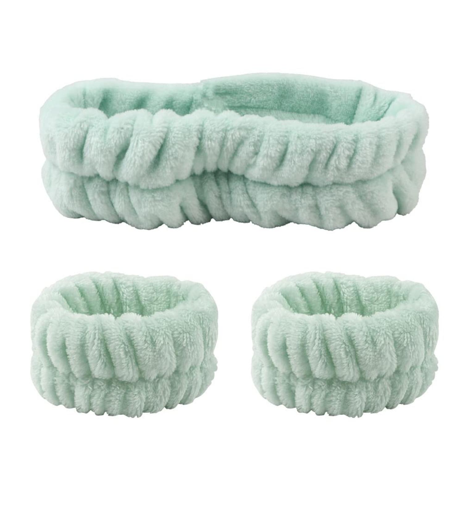 Spa Headband Wrist Washband Set Girls Coral Fleece Skincare Headbands Soft Facial Headband Wrist Sweatband Washing Face Band for Women Girls Makeup Bath green - Buy Online on GoSupps.com