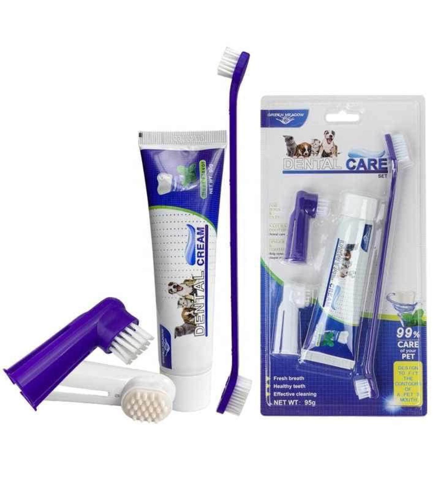 GREEN MEADOW 4 In 1 Dog Dental Care Dog Finger Toothbrush Pet Cat Dog Toothbrush And Toothpaste Set | Approved Dogs & Cats Dental Kit| freshen Breathe | Beef Flavour - Buy Online on GoSupps.com