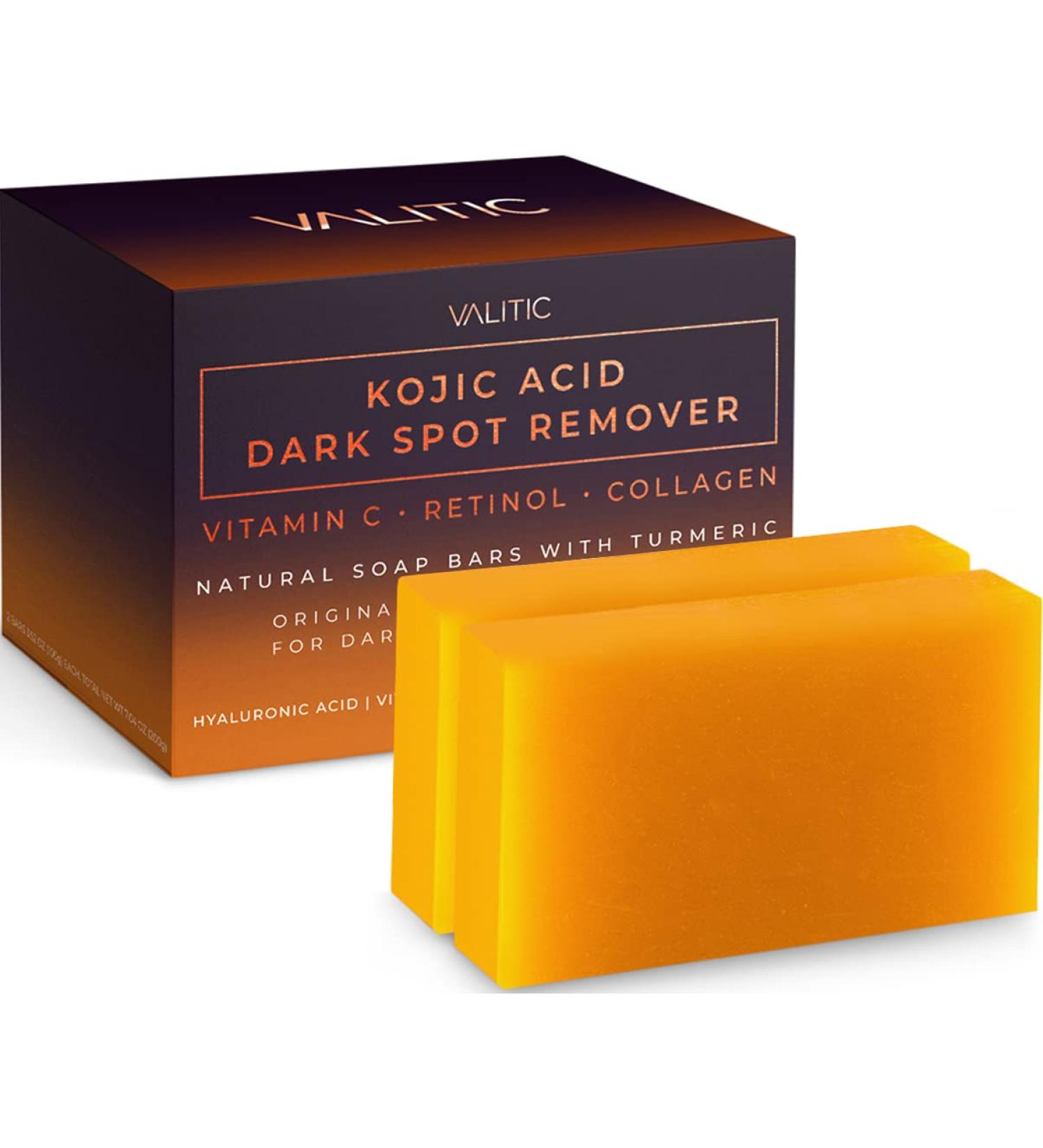 Valitic Kojic Acid Dark Spot Remover Soap Bars with Vitamin C, Retinol, Collagen, Turmeric - Japanese Complex Infused with Hyaluronic Acid, Vitamin E, Shea Butter, Castile Olive Oil (2 Pack) - Buy Online on GoSupps.com