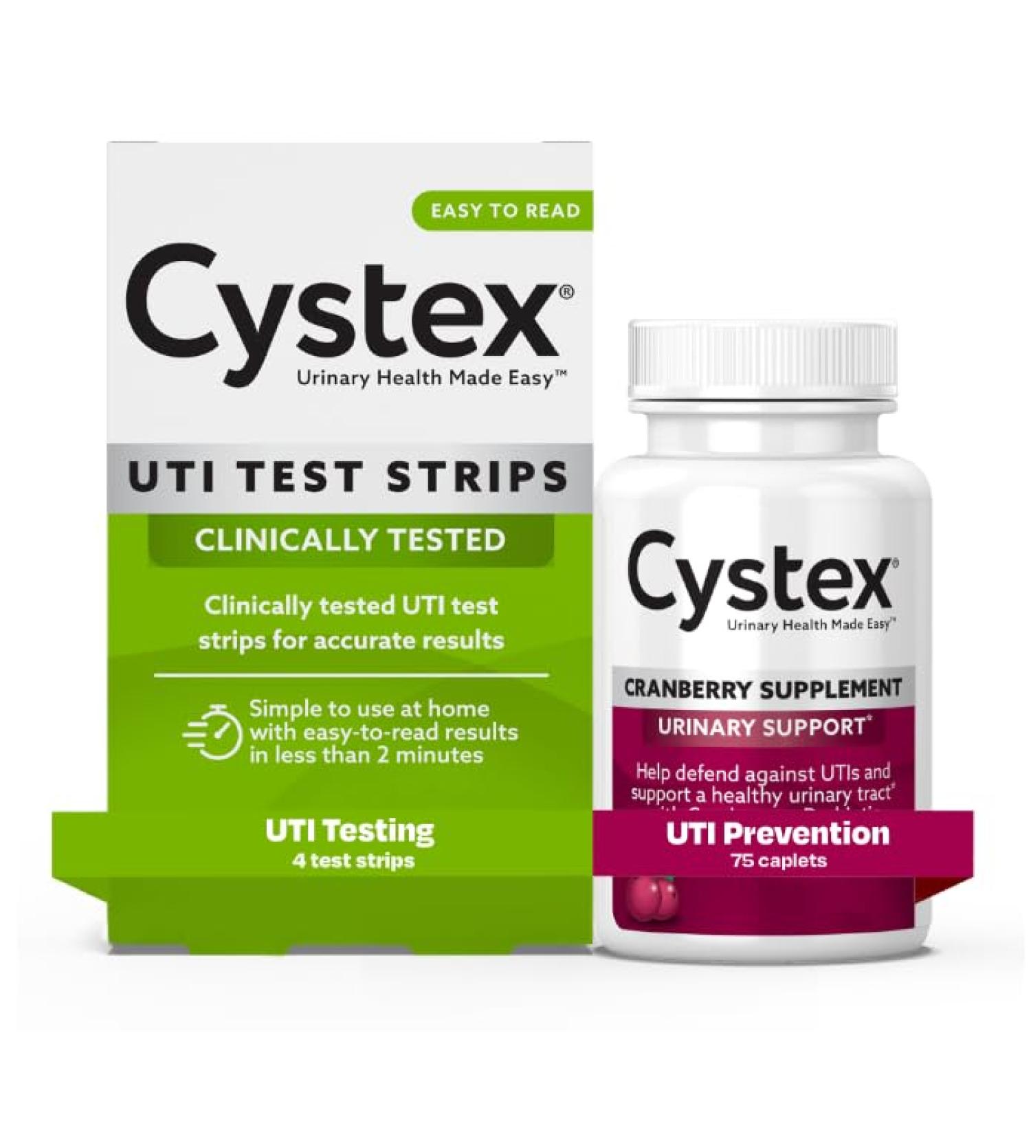Cystex UTI Test Strips + Urinary Support Capsules - 4 Test Strips & 75 Cranberry Pills - Buy Online on GoSupps.com