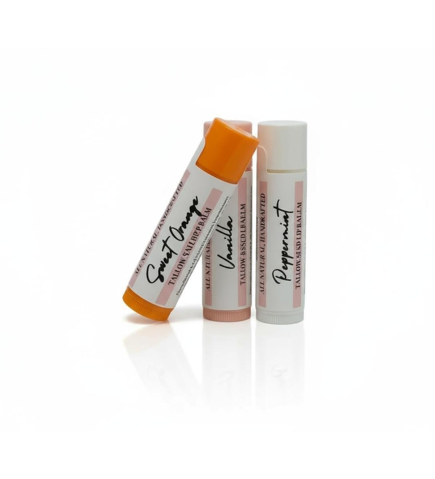 Rendered Radiance Tallow & Beeswax Lip Balm - 3 pack (Peppermint Sweet Orange Vanilla)