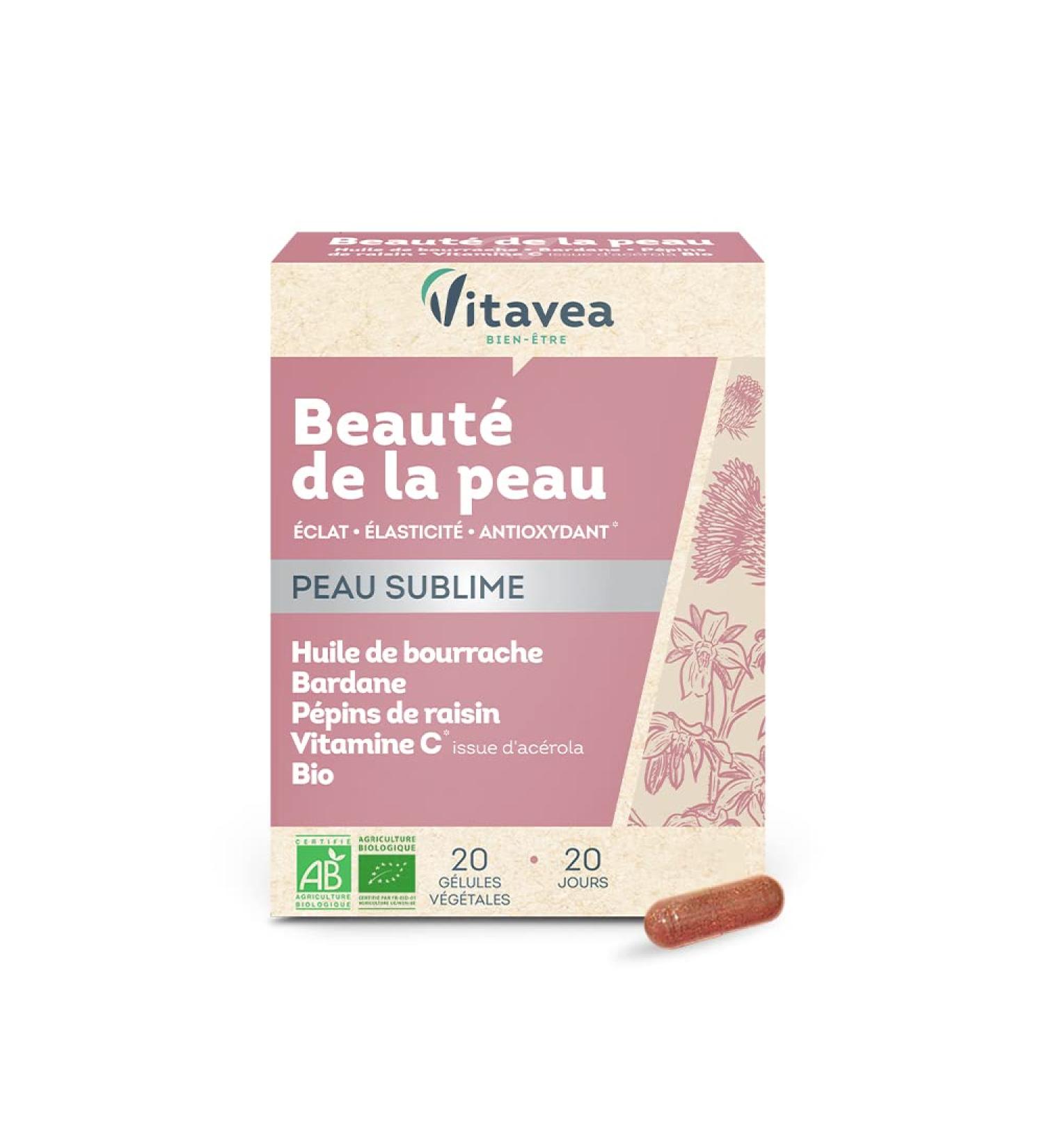 Vitavea - Organic Food Supplement for Sublime Skin - Borage Oil Burdock Grape Seed Vitamin C (Acerola) Organic - Antioxidant Elasticity - 20 Vegetable Capsules - Made in France - Buy Online on GoSupps.com
