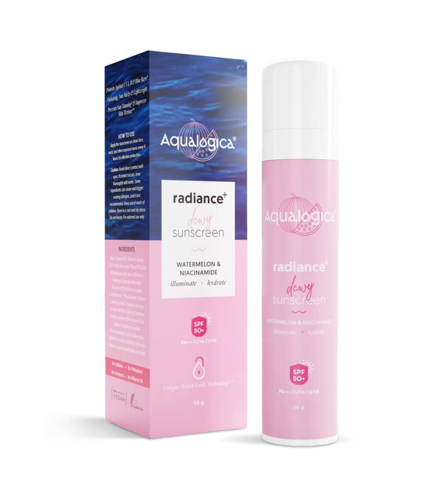 Organic Aqualogi Radiance+ Dewy Sunscreen SPF 50+ with Watermelon & Niacinamide - Ultimate UVA/UVB Protection | 50g | International Shipping Available - Buy Online on GoSupps.com