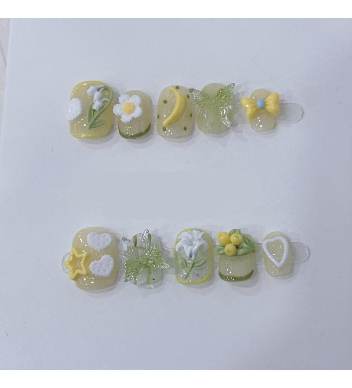 Fresh French Handmade Nail Polish and Artificial Nails with Three Dimensional Flowers(Color:Short Size:XS)