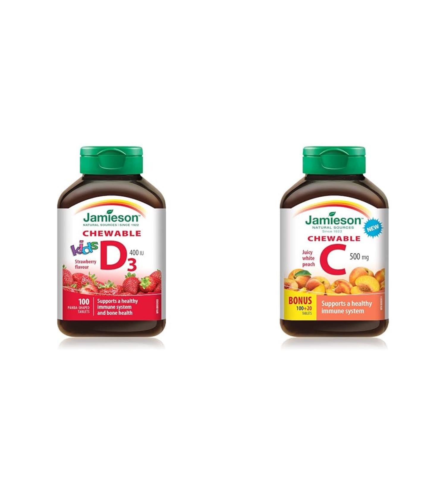 Jamieson Vitamin D 400IU Kids Chewable 100 Tablets and Vitamin C 500mg Chewable (White Juicy Peach Flavour) 120 Count - Buy Online on GoSupps.com