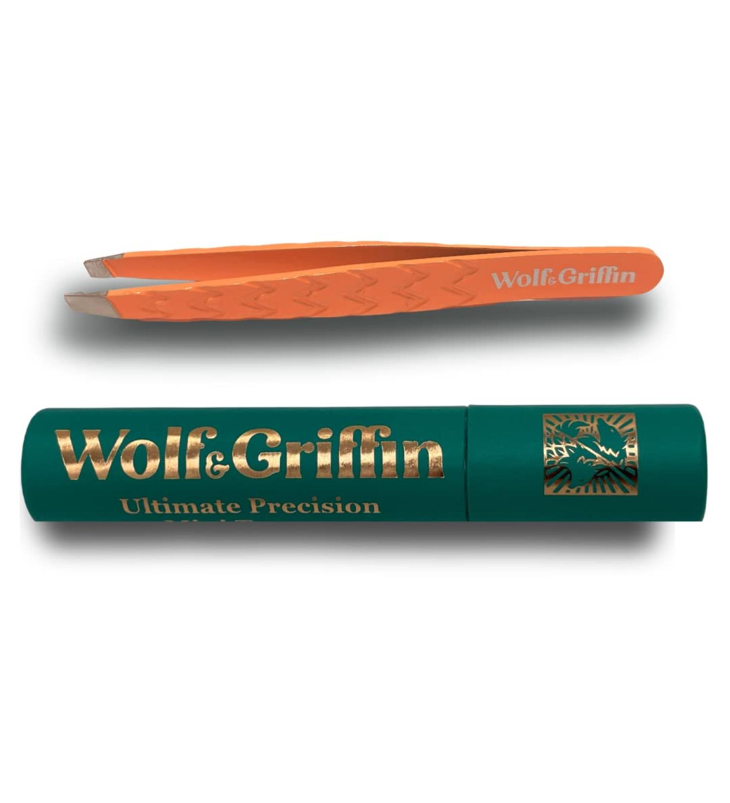 Wolf & Griffin Ultimate Precision Mini Tweezers | Stainless Steel Professional Slant Eyebrow Tweezers for Men and Women | Peach Perfect
