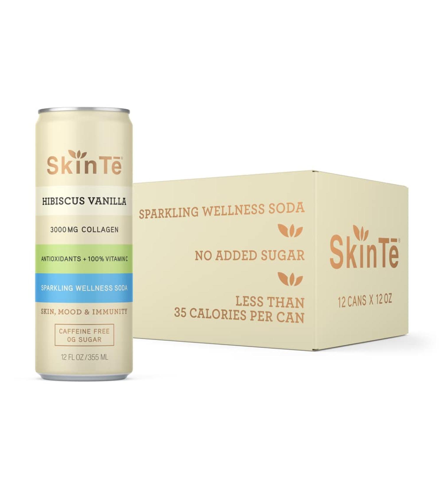 SKINTE Collagen Sparkling Tea - Organic Hibiscus Vanilla 12 oz (Pack of 12) | 3000mg Collagen | Antioxidants & Vitamin C | Skin & Mood Benefits | Caffeine Free - Buy Online on GoSupps.com