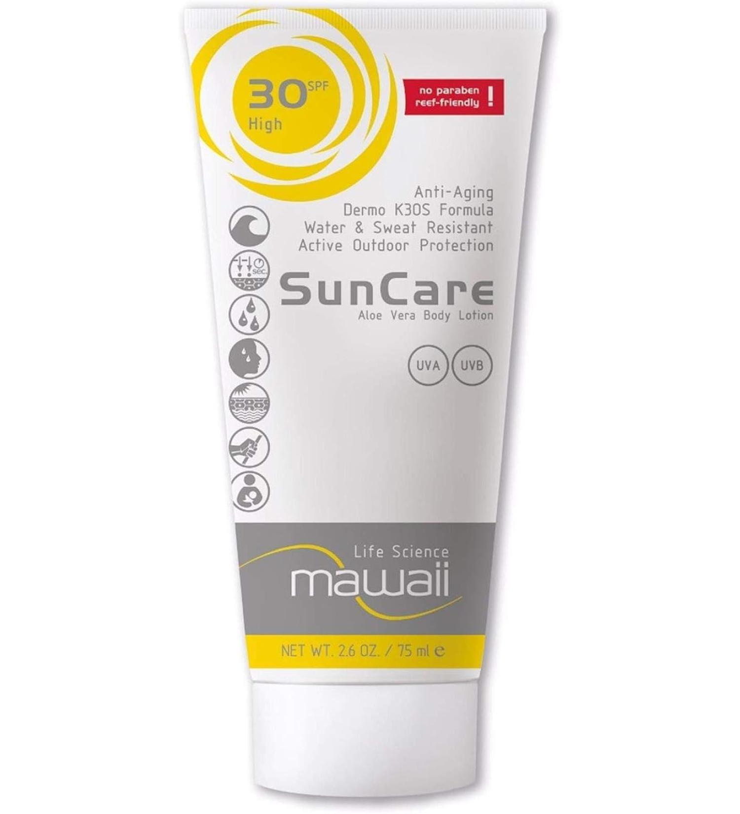 Mawaii SunCare Anti-Aging Sun Cream 30 SPF - 75 ml - Specialist Sunscreen Sport Outdoor - Water and Sweat Resistant - Reef Friendly and Paraben Free - Buy Online on GoSupps.com