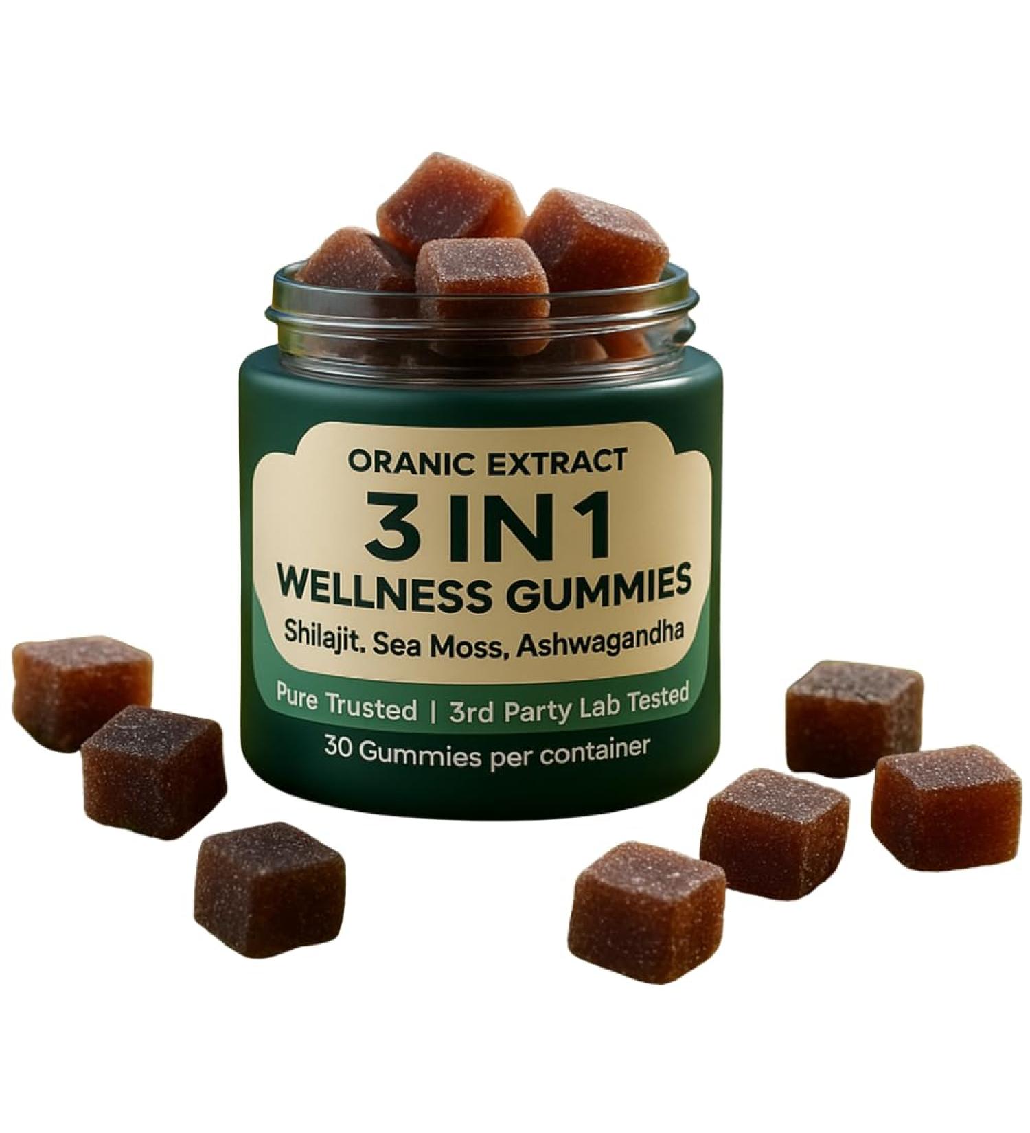 ORANIC EXTRACT 3IN1 Shilajit Wellness Gummies, Ashwagandha, Sea Moss, Energy & Immune Support for Man & Women, Trace Mineral & Fulvic Acid Rich, Organic, Vegan, Non-GMO, 30 Gummies - Buy Online on GoSupps.com