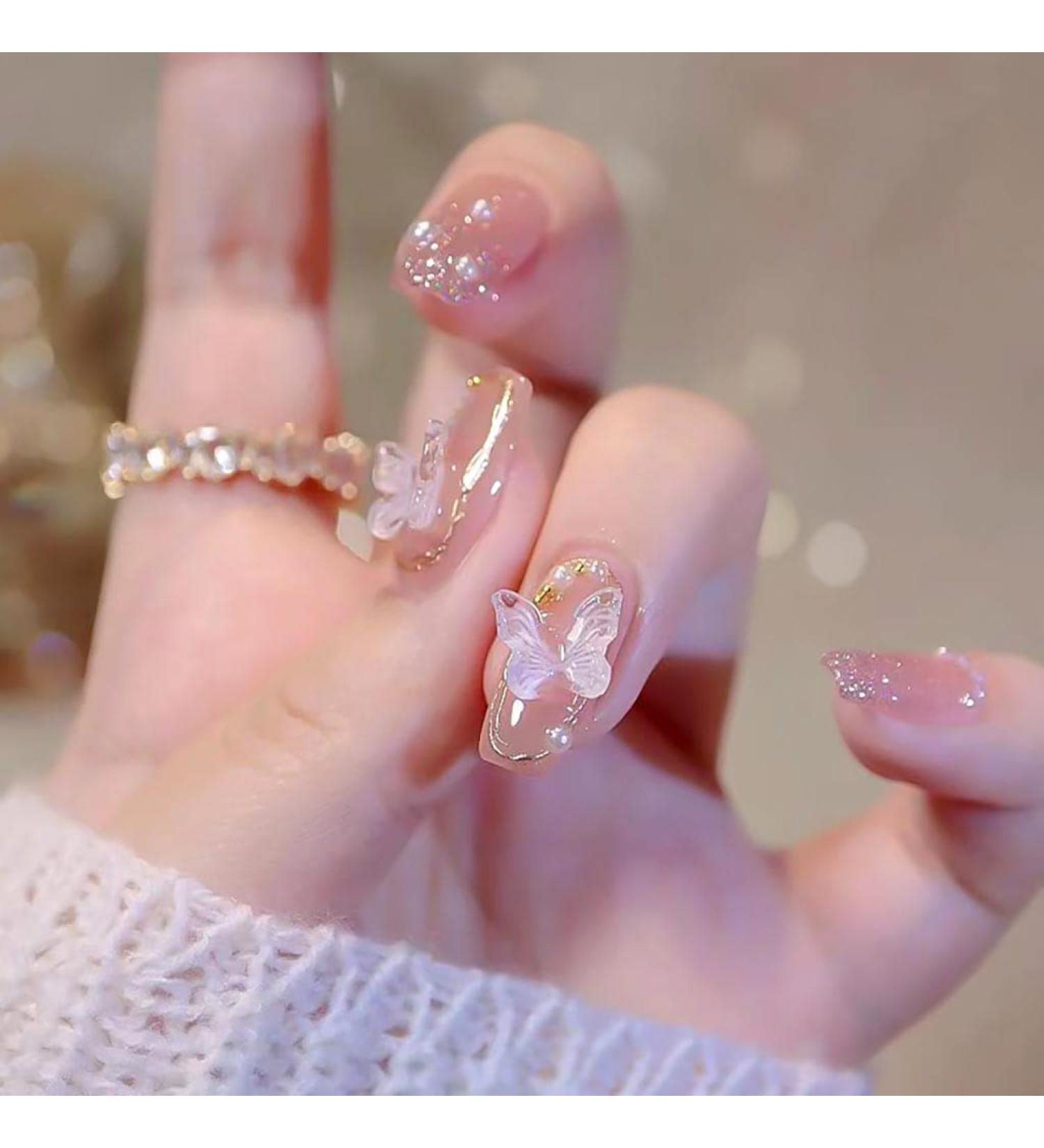 RikView Pink Butterfly Coffin Press on Nails - Medium Fake Glossy Nails for Women - Buy Online on GoSupps.com