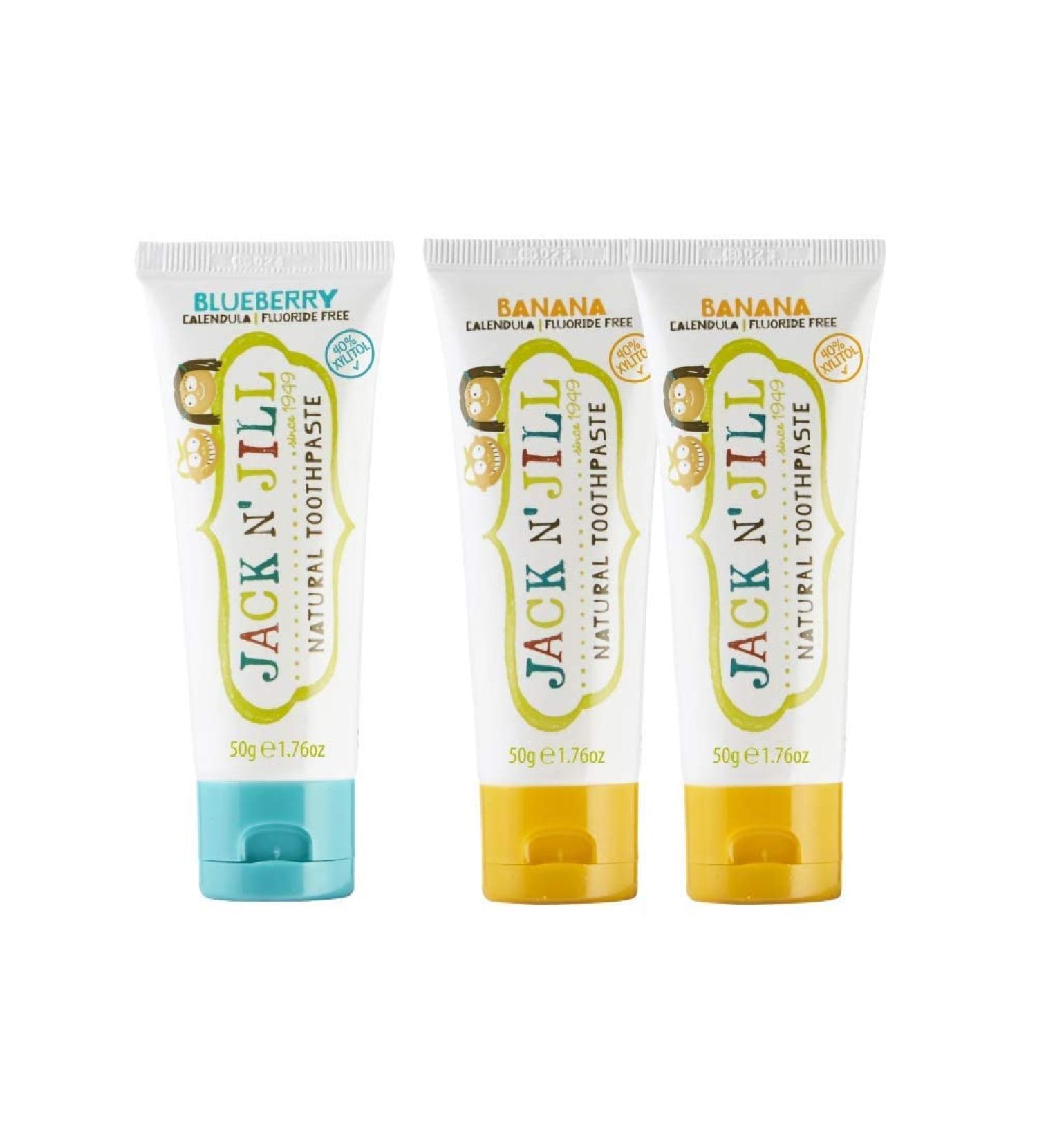 Jack N' Jill Kids Natural Toothpaste Fluoride Free Toothpaste Helps Soothe Gums and Fight Tooth Decay Toothpaste for Baby Toddler and Children 6 Months Plus 2 x Banana 50g 1 x Blueberry 50g Banana and Blueberry 50 g (Pack of 3) - Buy Online on GoSupps.com