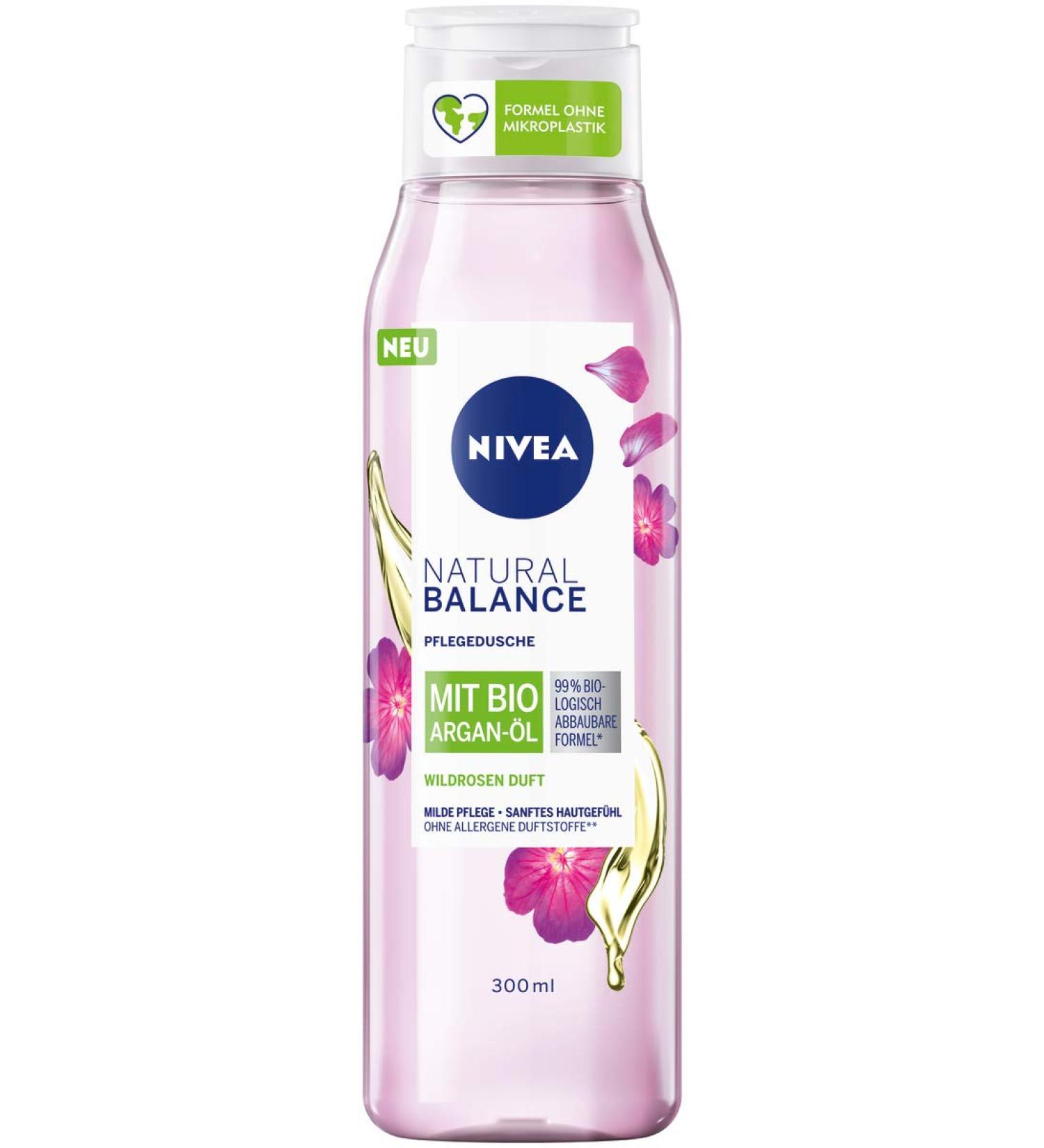 Nivea Natural Balance Shower Gel with Wild Rose Fragrance and Organic Argan Oil (300 ml) Nourishing Shower without Allergenic Fragrances Vegan Shower for Dry and Sensitive Skin - Buy Online on GoSupps.com