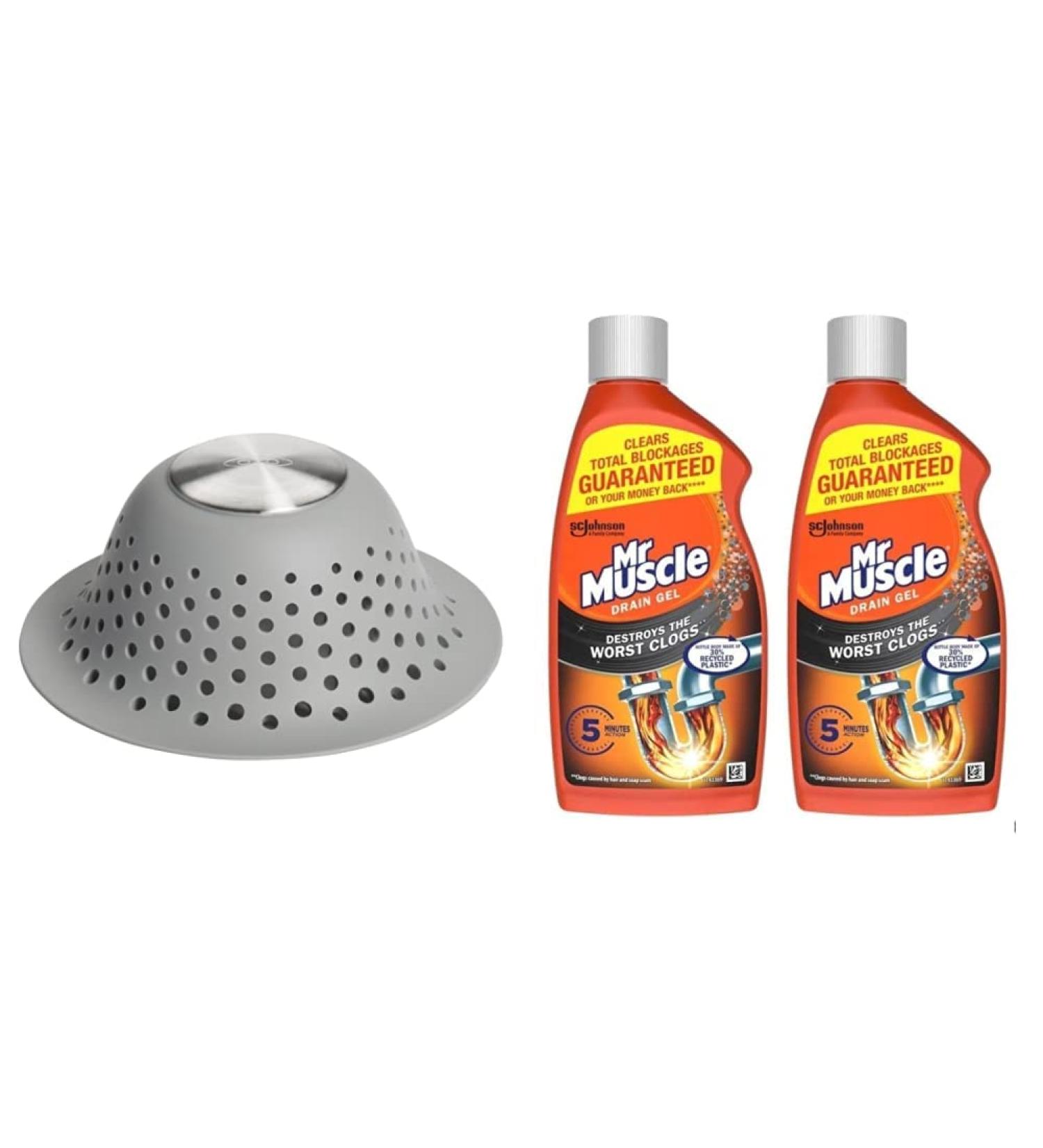 OXO Good Grips Silicone Shower & Tub Drain Protector & Mr Muscle Drain Unblocker Sink & Drain Cleaner Heavy Duty Drain Gel 2 x 500 ml - Buy Online on GoSupps.com