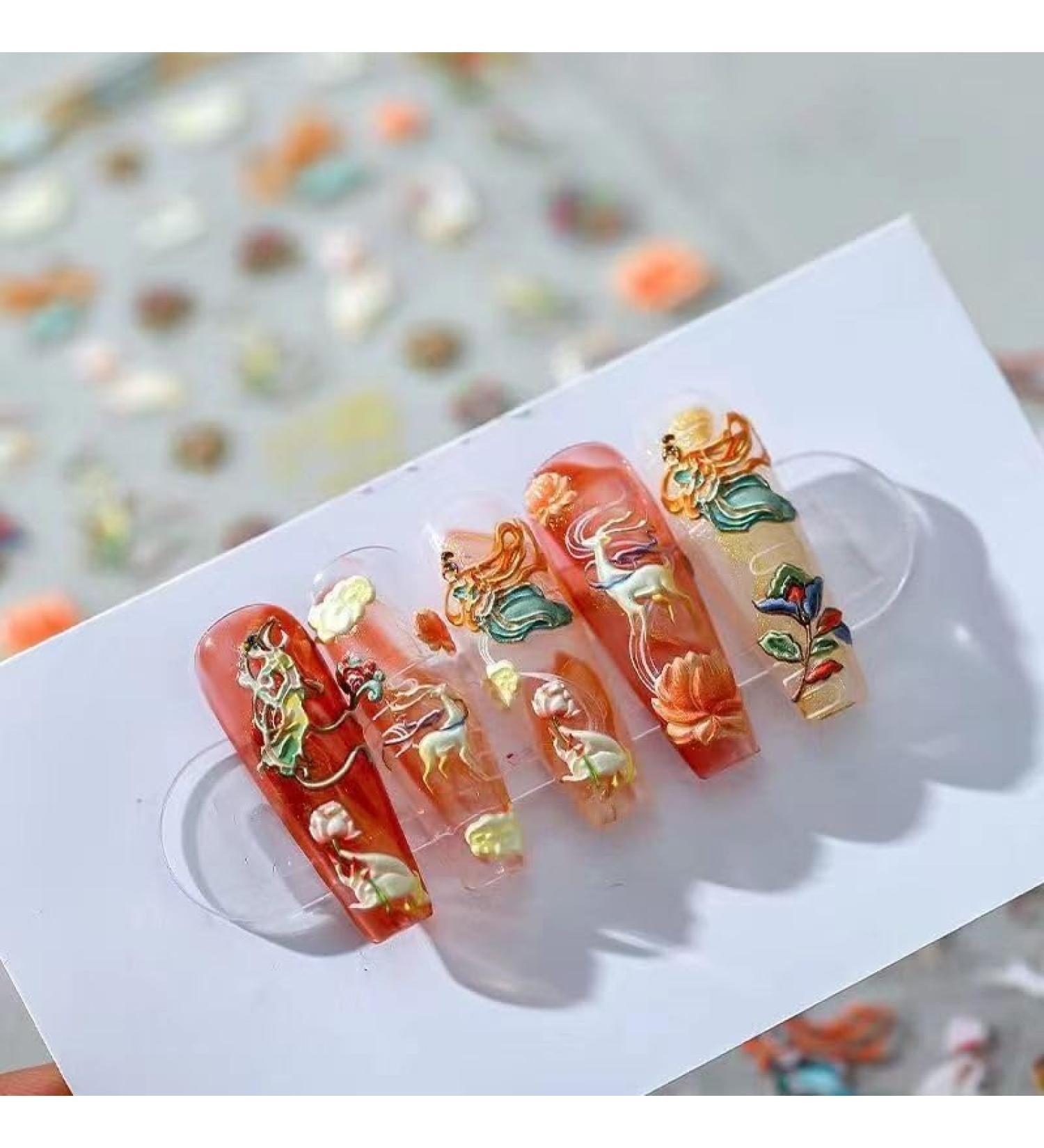 Temperament Enhancement Nail Patch Dunhuang Flying Fairy Nail wear Nail Relief Three-Dimensional Lotus seat Xiangyun Shenlu National Tide Wind Fake Nails Patch (10 Pieces) (Size : S) Small