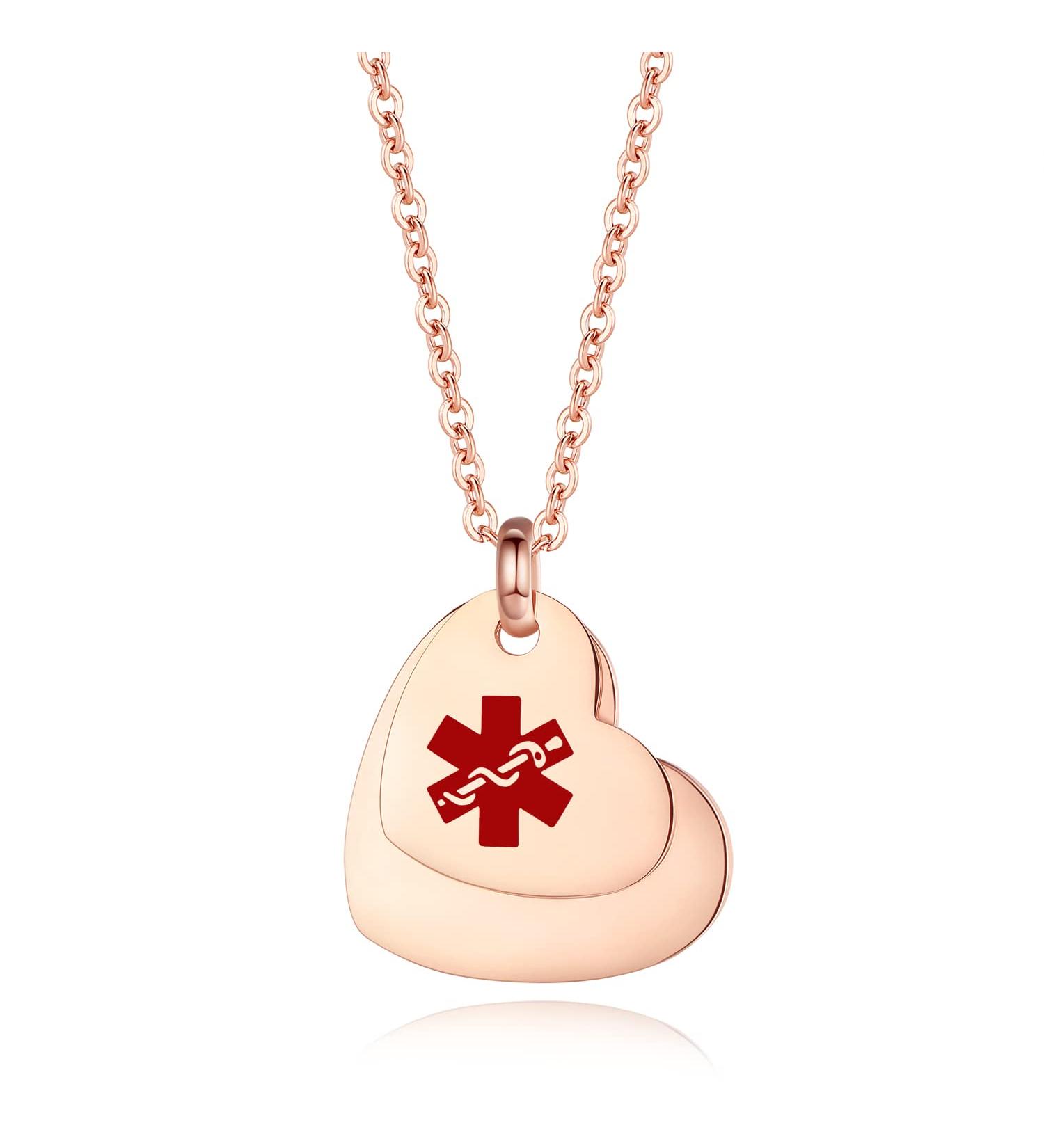 LinnaLove Double Heart Medical Alert Necklace - Free Engraving for Type 1 Diabetes | Rose Gold Women's Jewelry - Buy Online on GoSupps.com