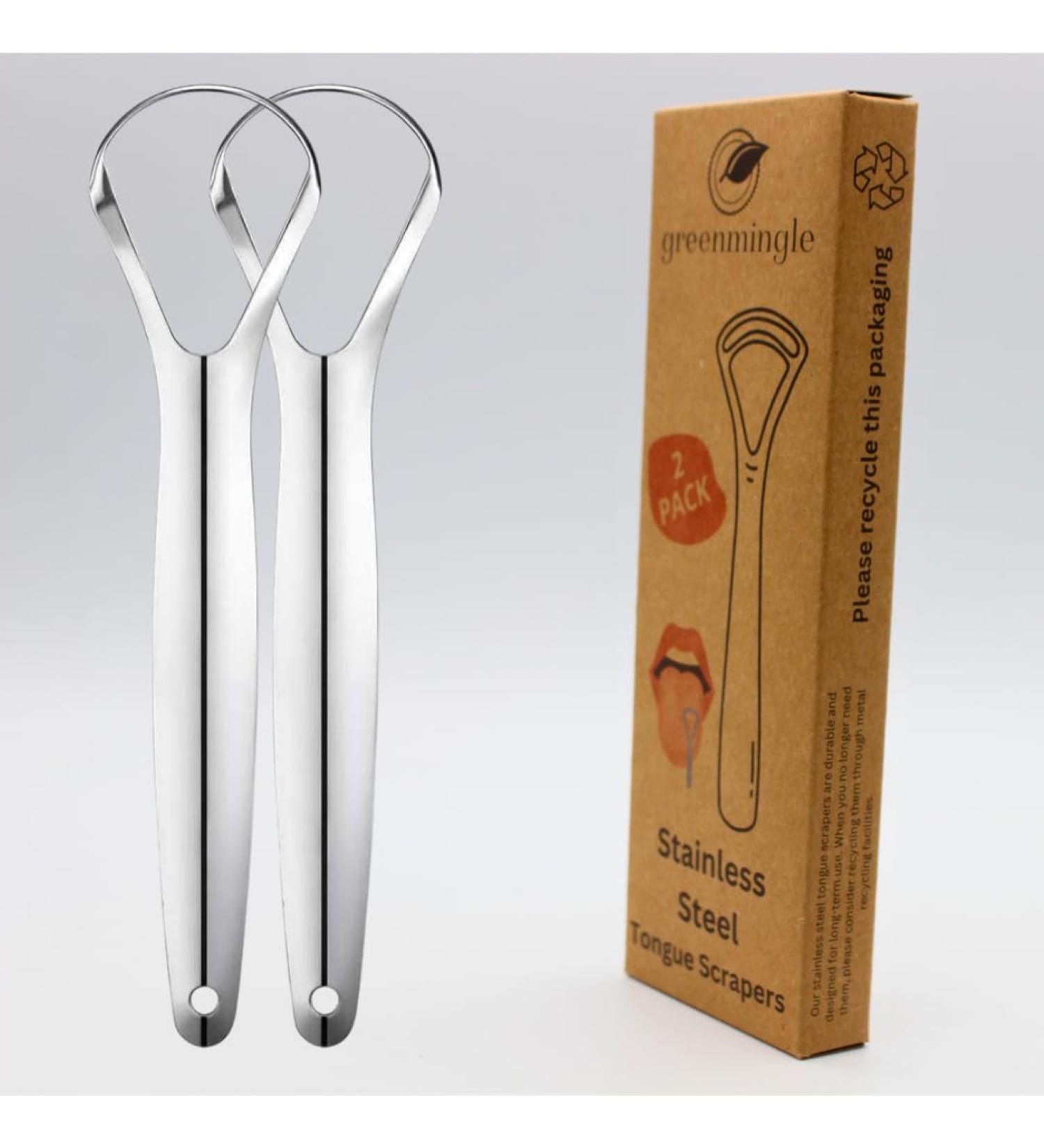 GreenMingle Tongue Scraper for Adults (2Pcs Oral Care Pack) Stainless Steel Tongue Cleaners Reduce Bad Breath 100% Metal Tough Scrapers Men and Women Hygiene Product - Buy Online on GoSupps.com