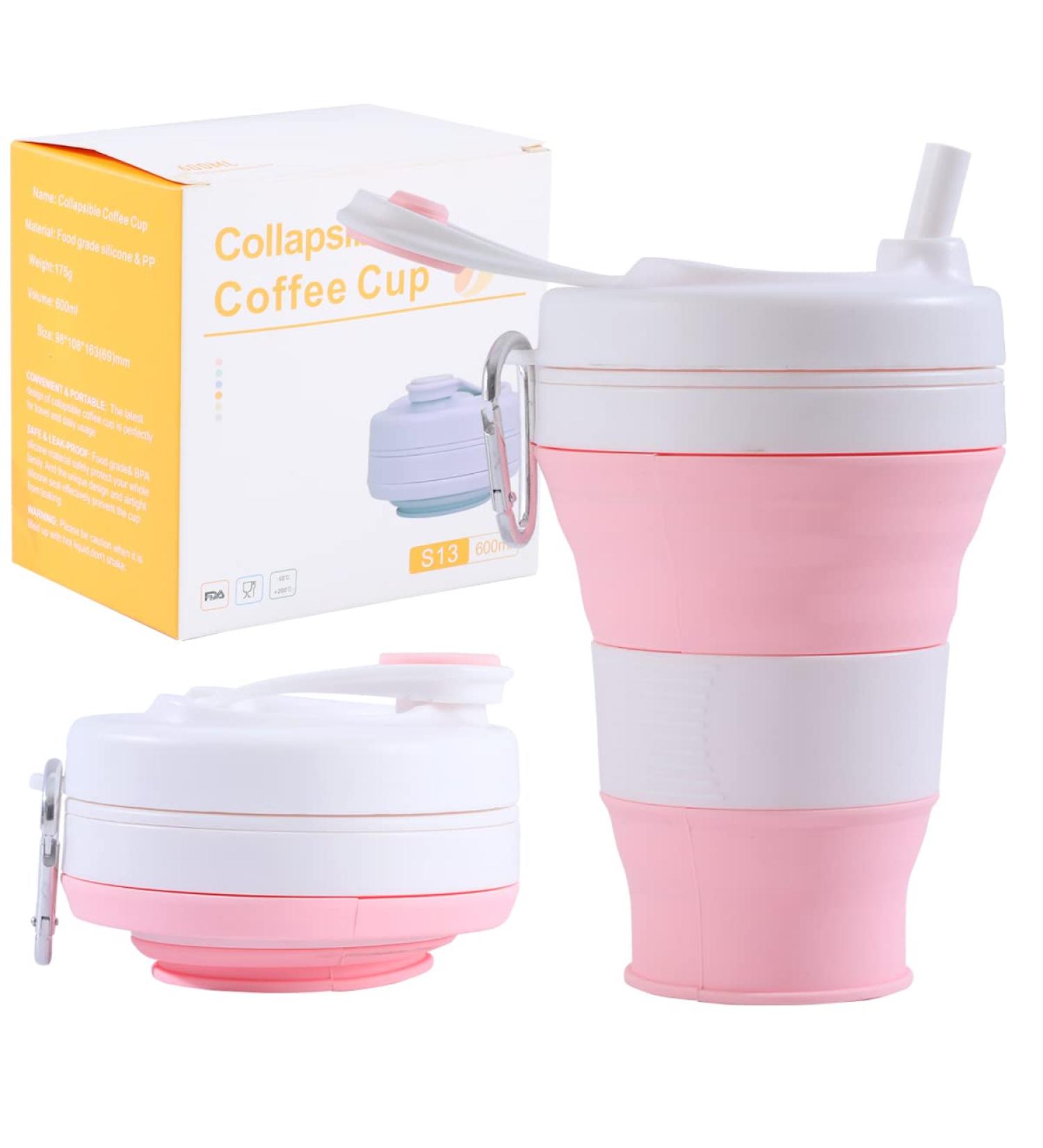 YEEWORIG 600ml Collapsible Travel Cup with Lid & Straw - Pink | Leak-Proof Portable Camping Mug/Silicone Water Bottle for Hot & Cold Drinks - 20.3 oz - Buy Online on GoSupps.com