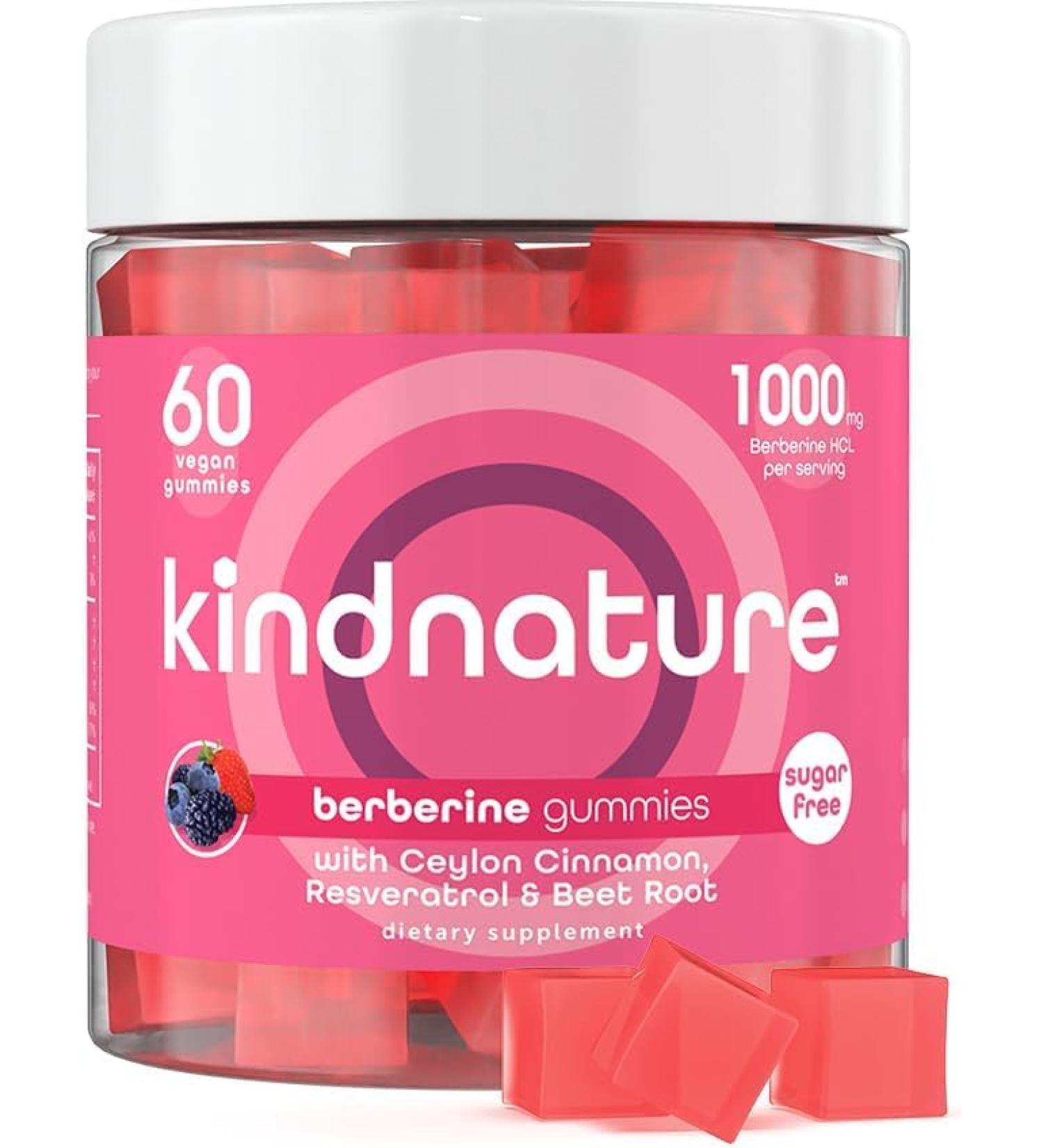 kindnature Berberine Gummies 1000mg with Ceylon Cinnamon & Resveratrol Sugar-Free Vegan Supplement for Blood Sugar Support, Metabolism, Cravings Wellness Non-GMO, Gluten-Free - Buy Online on GoSupps.com