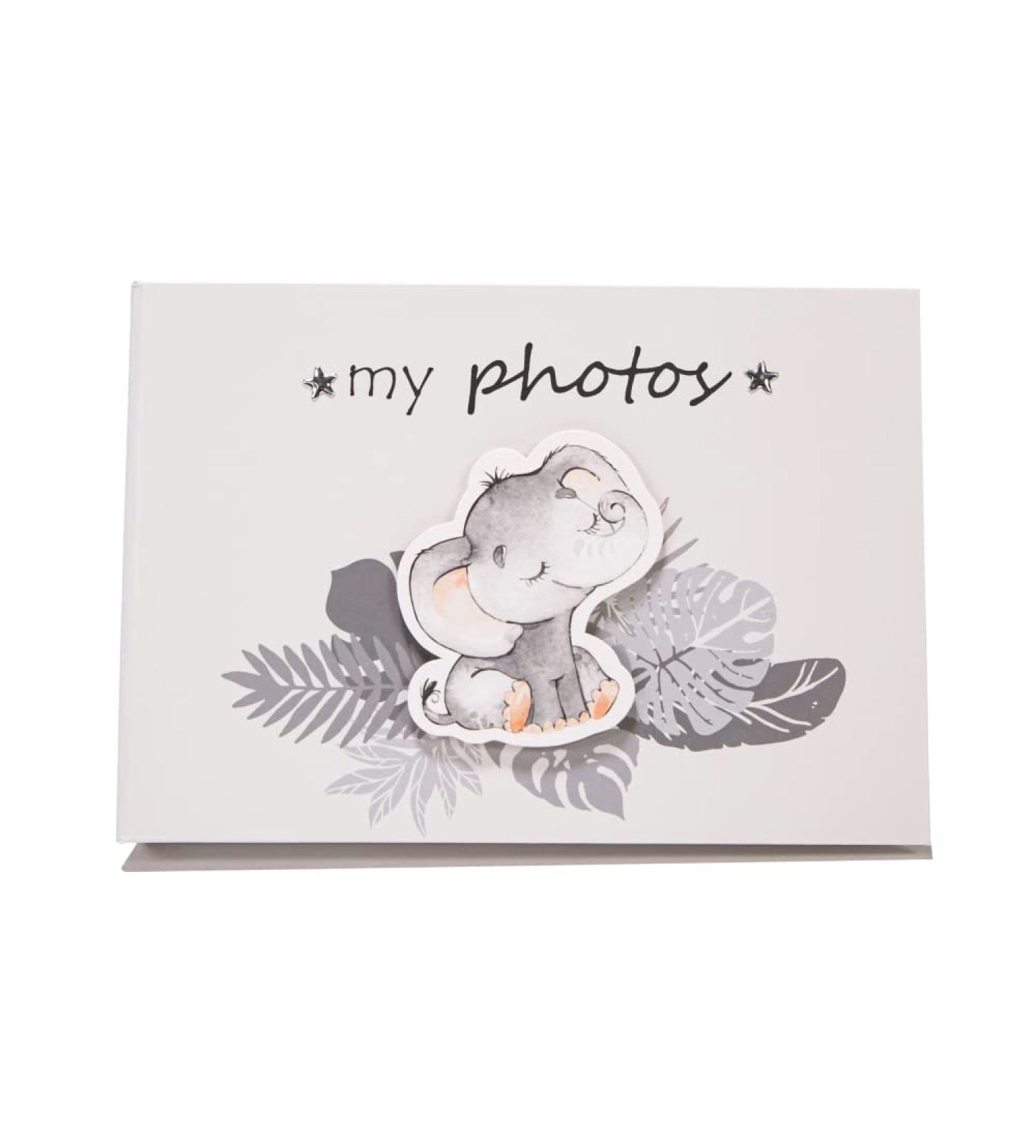 Cute Baby Elephant Grey Photo Album | Silver Stars & Palm Leaves | New Born/Baby Shower | 24 Spaces 4x6 by Happy Homewares - Buy Online on GoSupps.com