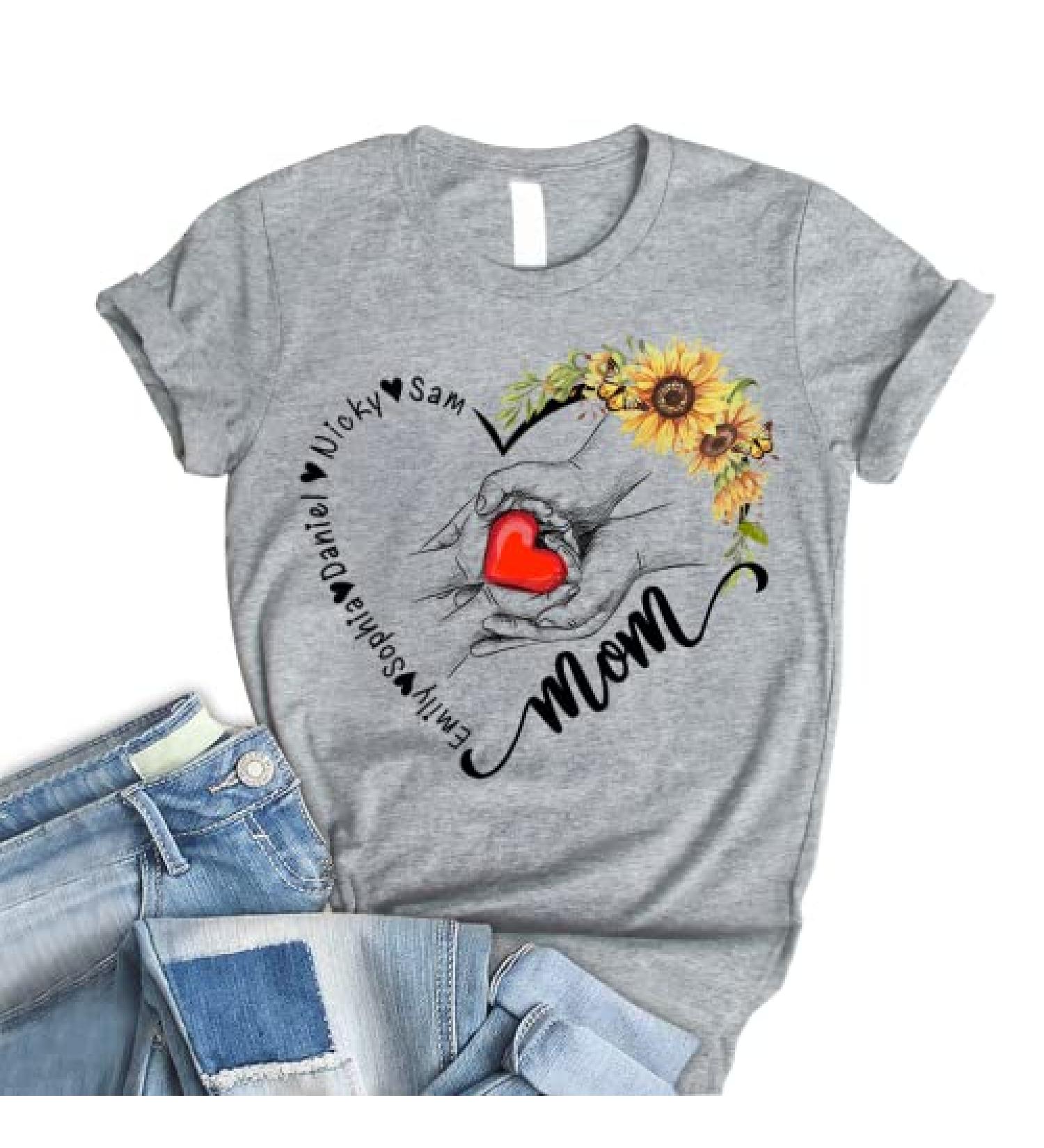 Personalized Mom Flower Heart Custom Kids Name Shirt | Mom Gift Idea for Mother's Day & Birthday | Long Sleeve & Sweatshirt Options Available - Buy Online on GoSupps.com