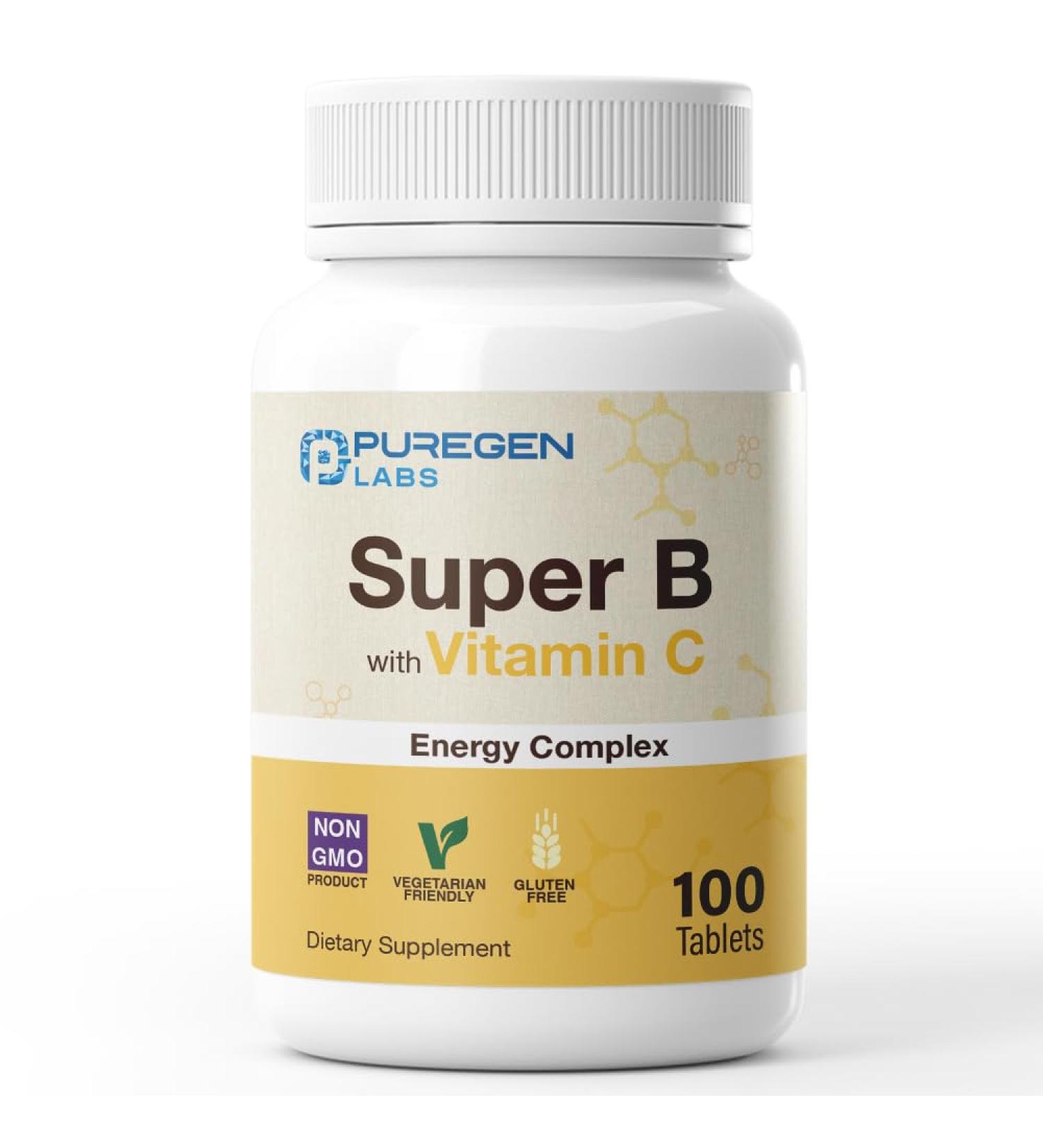 Puregen Labs Super B Energy Complex with Vitamin C - Immune Health Energy & Nervous System Support - Non-GMO Gluten-Free 100 Vegetarian Tablets - Buy Online on GoSupps.com