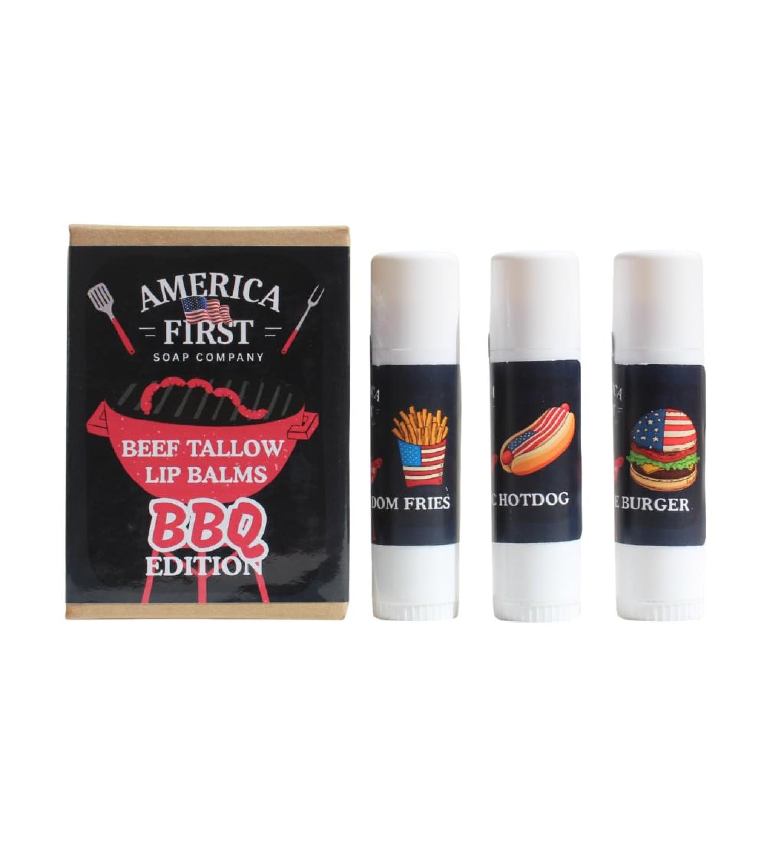 America First Soap Company BBQ Edition Tallow Lip Balm Set Brave Burger Heroic Hot Dog & Freedom Fries Scented 0.5 oz Each 3-Pack