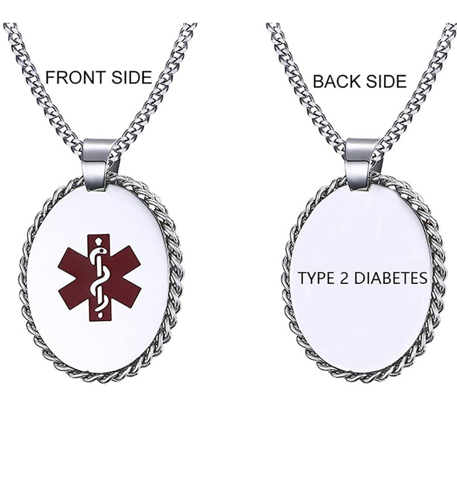 Medical Alert ID Necklace Pendant for Men & Women - Engraved TYPE 2 Diabetes Stainless Steel Jewelry | Emergency Medical ID Tag - Buy Online on GoSupps.com