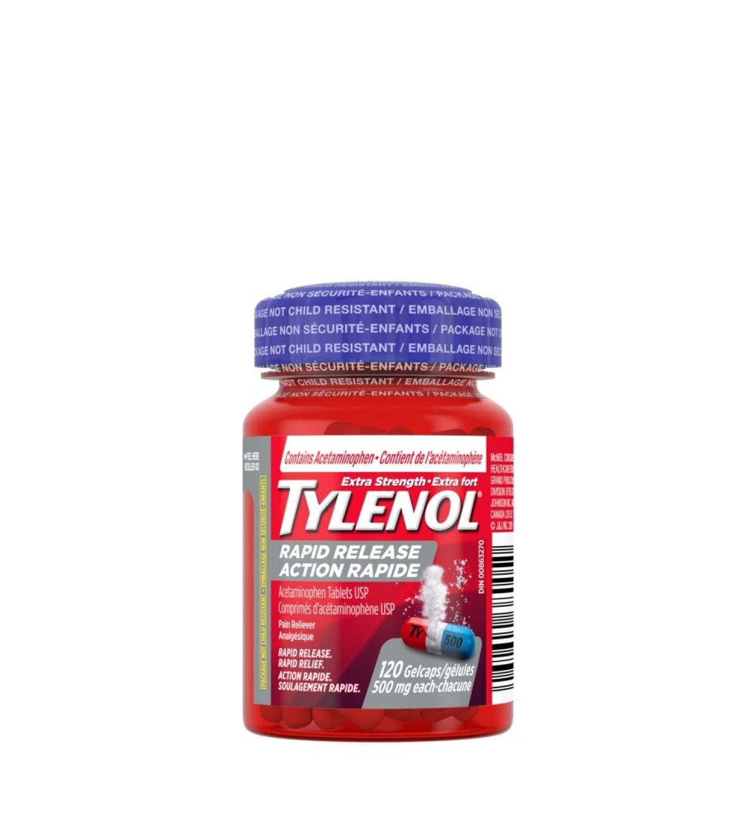Tylenol Extra Strength Pain Reliever Medicine for Headache Back Pain and to Reduce Fever Acetaminophen Rapid Release Gelcaps 500mg 120 Gelcaps Medication - Buy Online on GoSupps.com