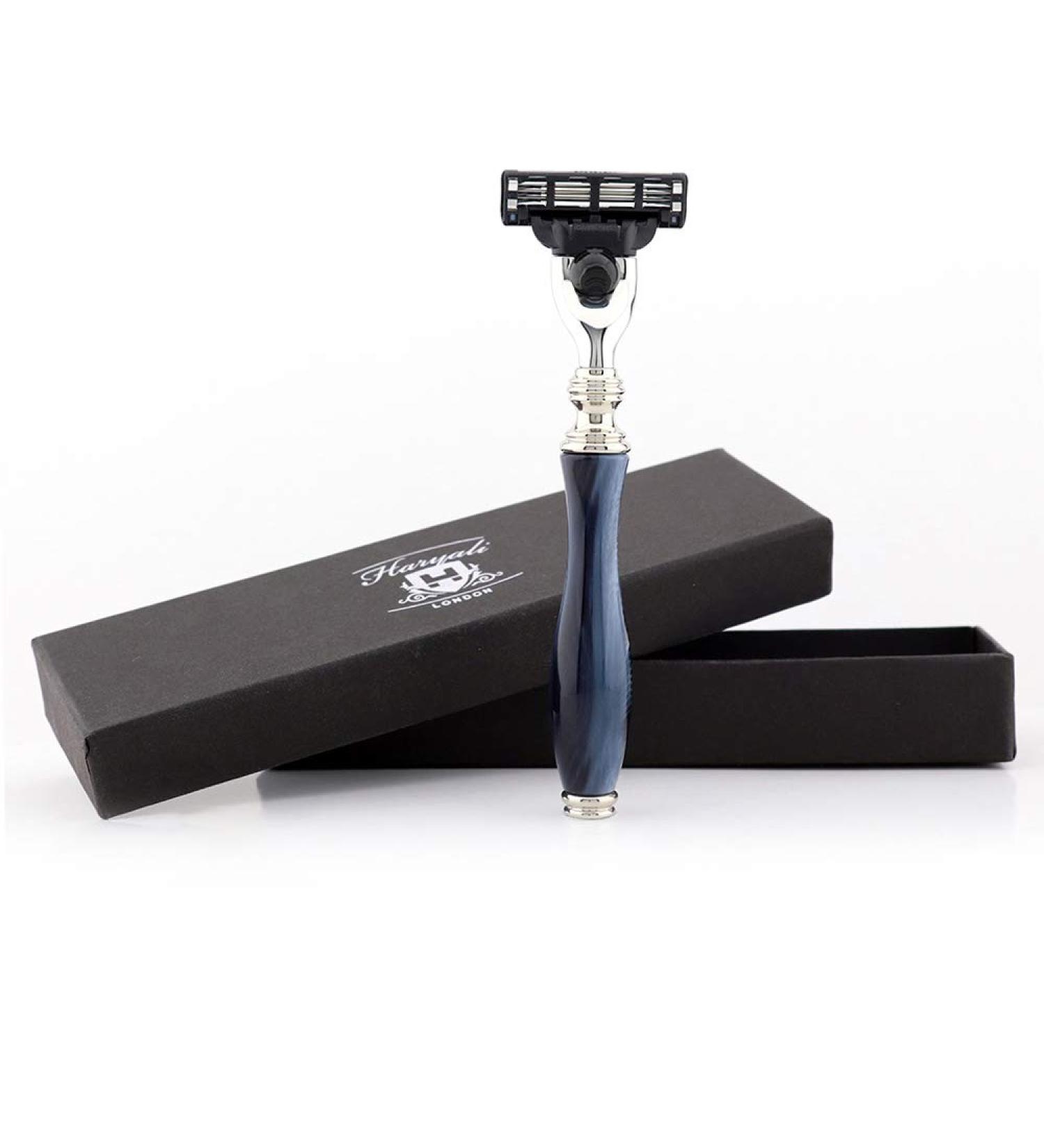 Haryali London 3 Blade Razor - Blue Resin Handle Beard & Moustache Razor in Black Gift Box | International Shipping - Buy Online on GoSupps.com